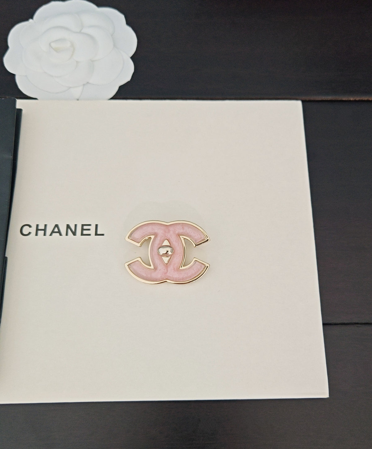 Signature Emblem Brooch in Gold-Tone – Pink Detail detail view