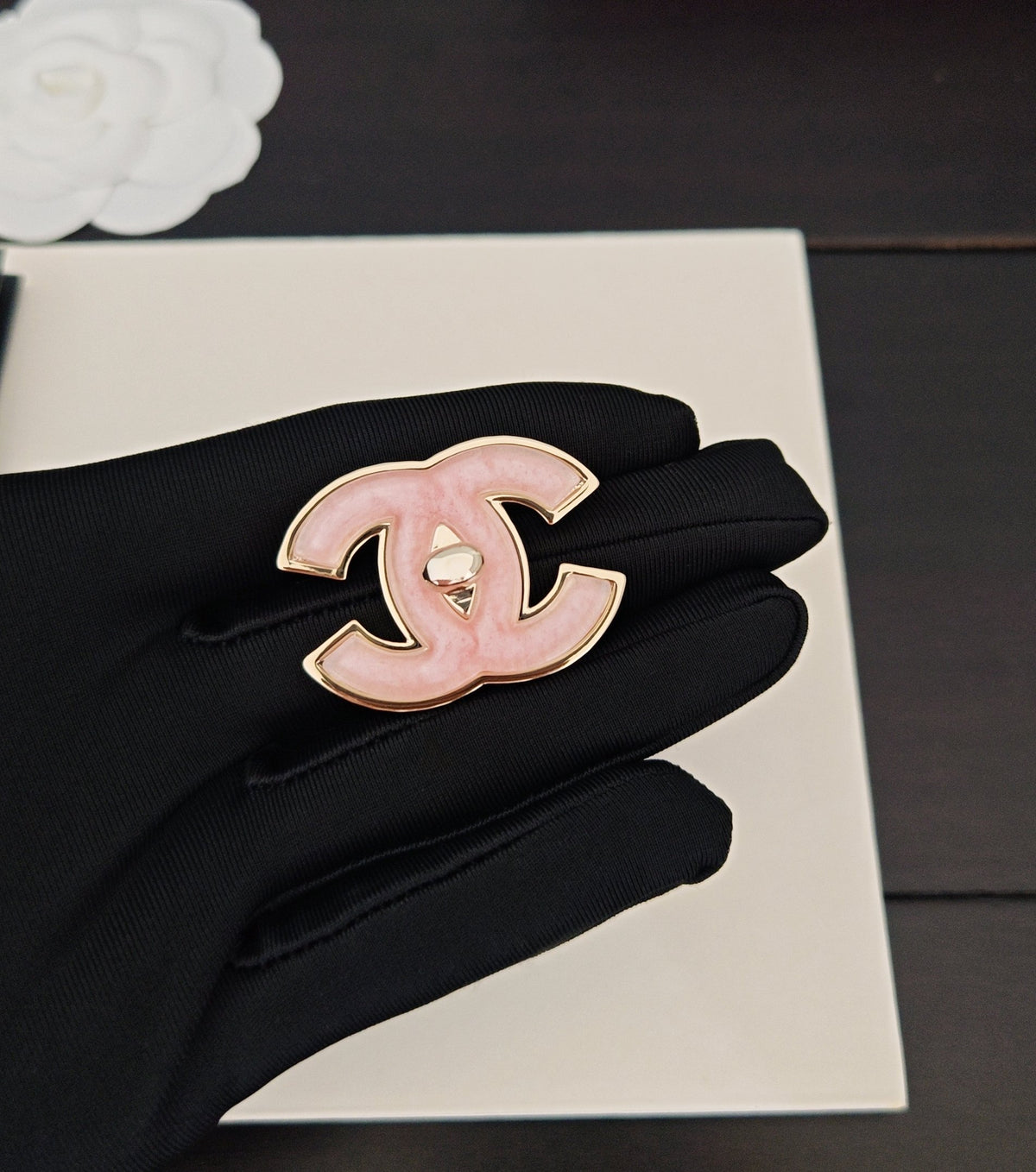 Signature Emblem Brooch in Gold-Tone – Pink Detail main product view