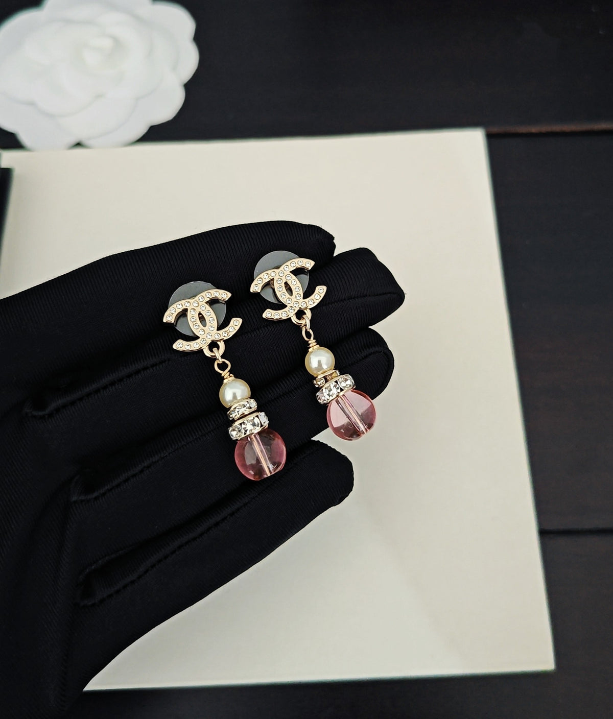 Signature Emblem Statement Earrings in Gold-Tone – Pink Detail – Design 002 detail view
