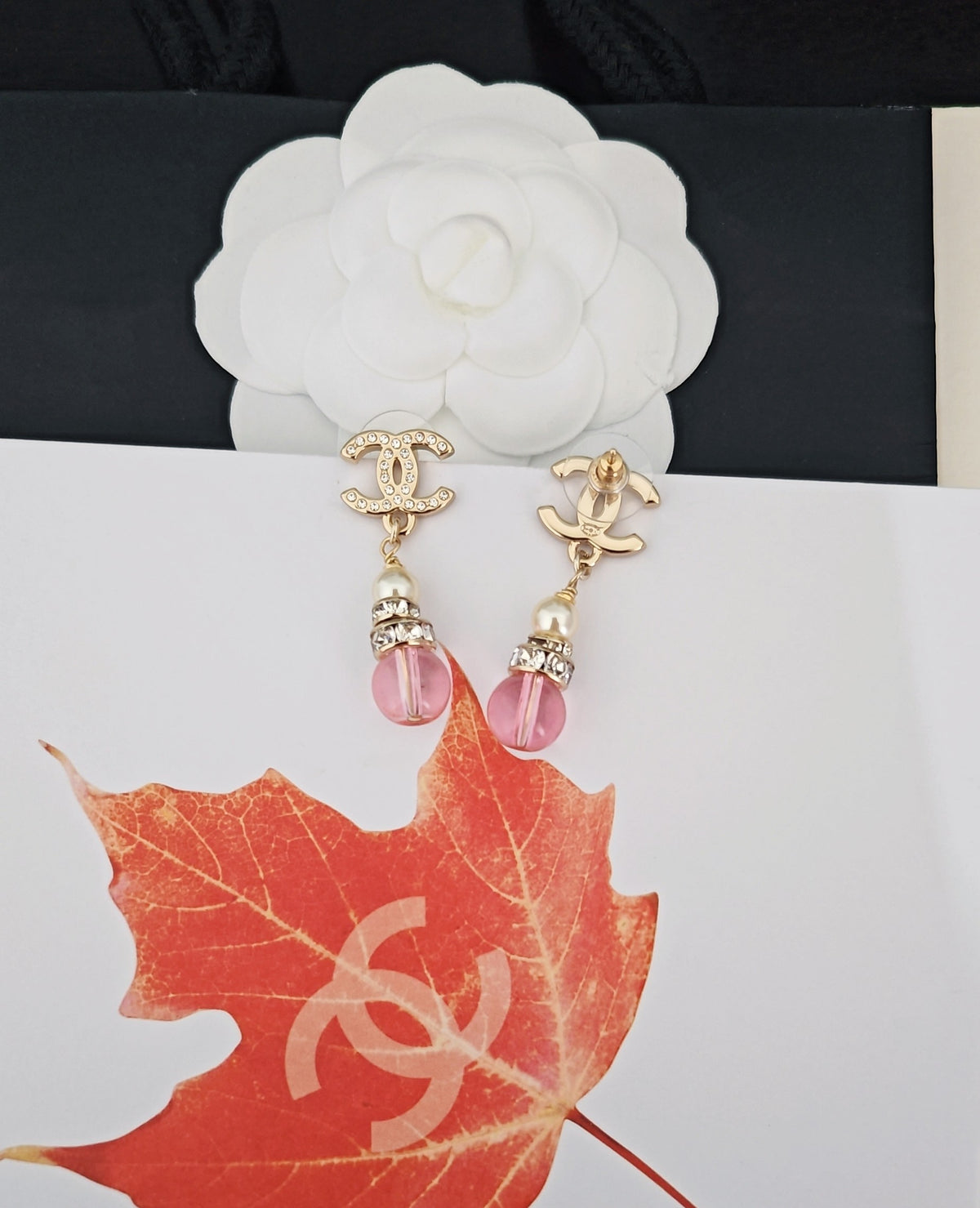 Signature Emblem Statement Earrings in Gold-Tone – Pink Detail – Design 002 styled product view