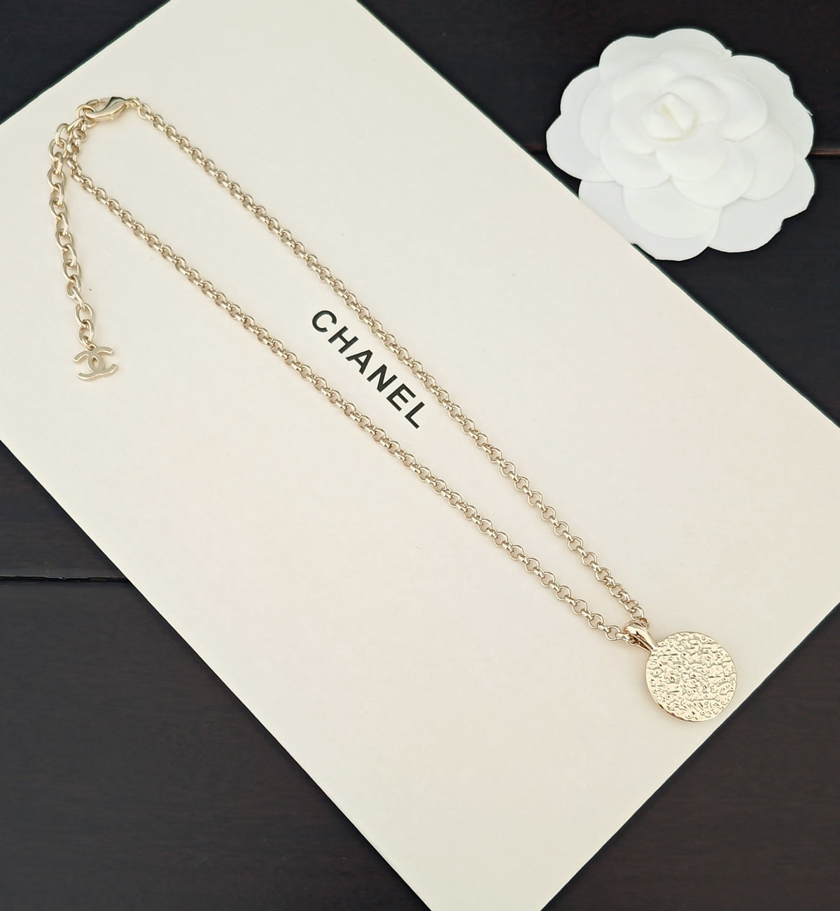 Signature Emblem Pendant Necklace in Gold-Tone – White Detail – Design 005 styled product view