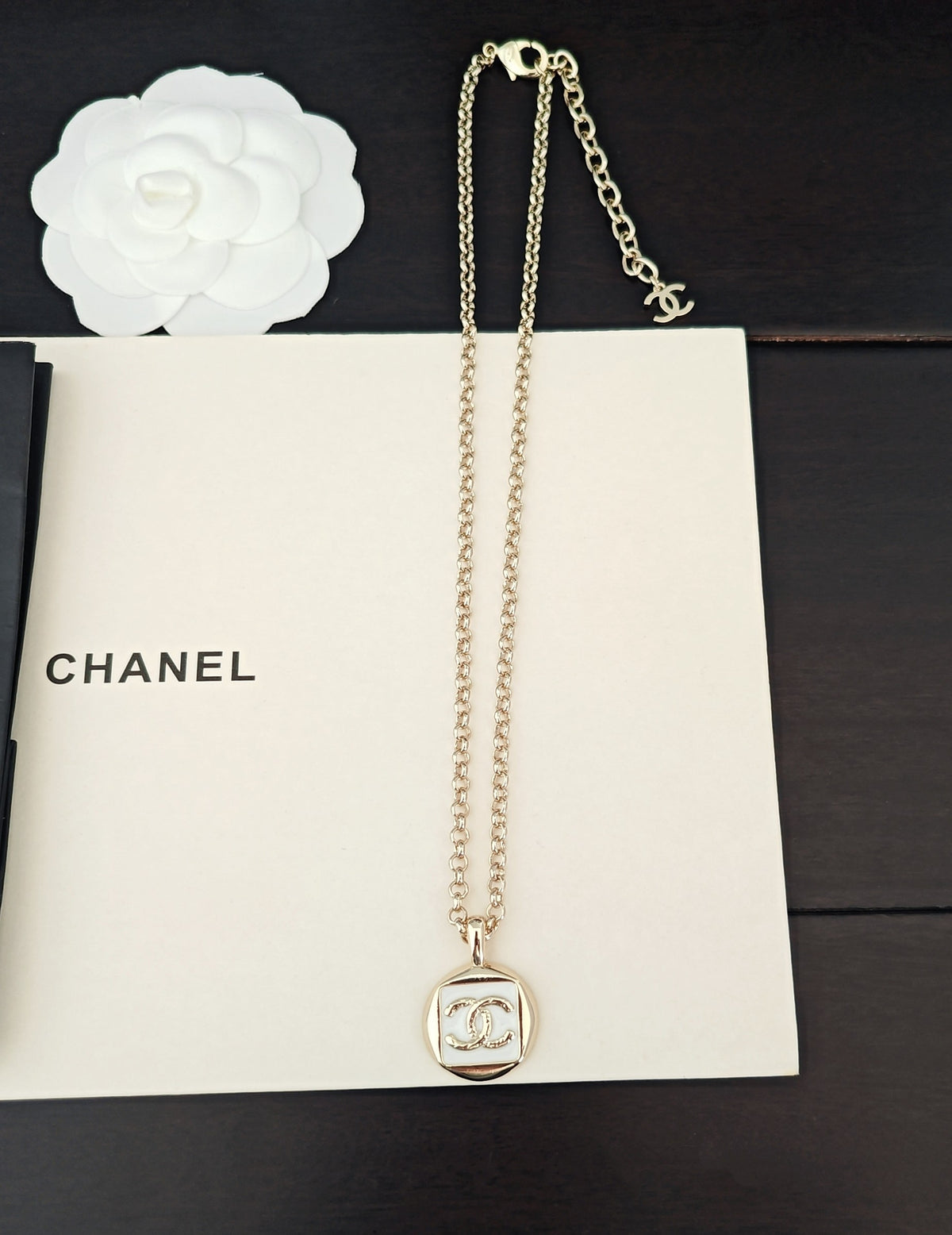 Signature Emblem Pendant Necklace in Gold-Tone – White Detail – Design 005 side detail