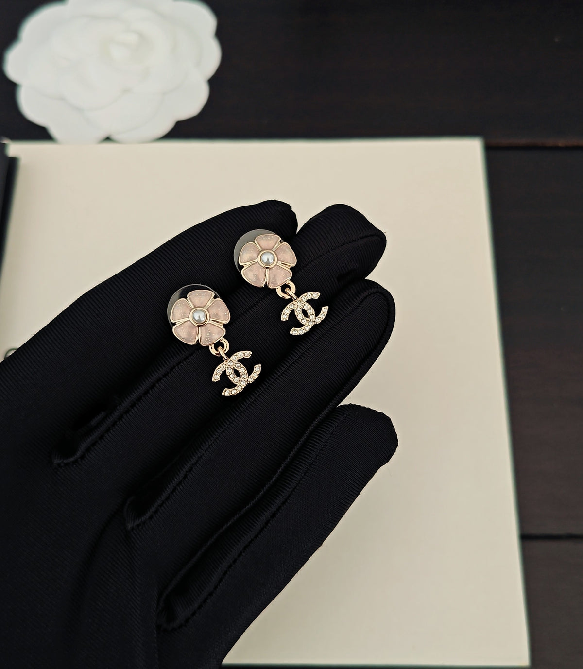 Floral Statement Earrings in Gold-Tone – Pink Detail detail view