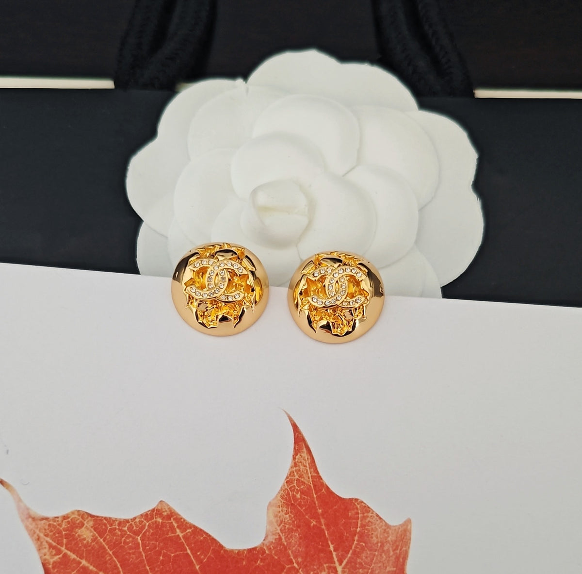 Signature Emblem Stud Earrings in Gold-Tone – Design 031 close-up detail