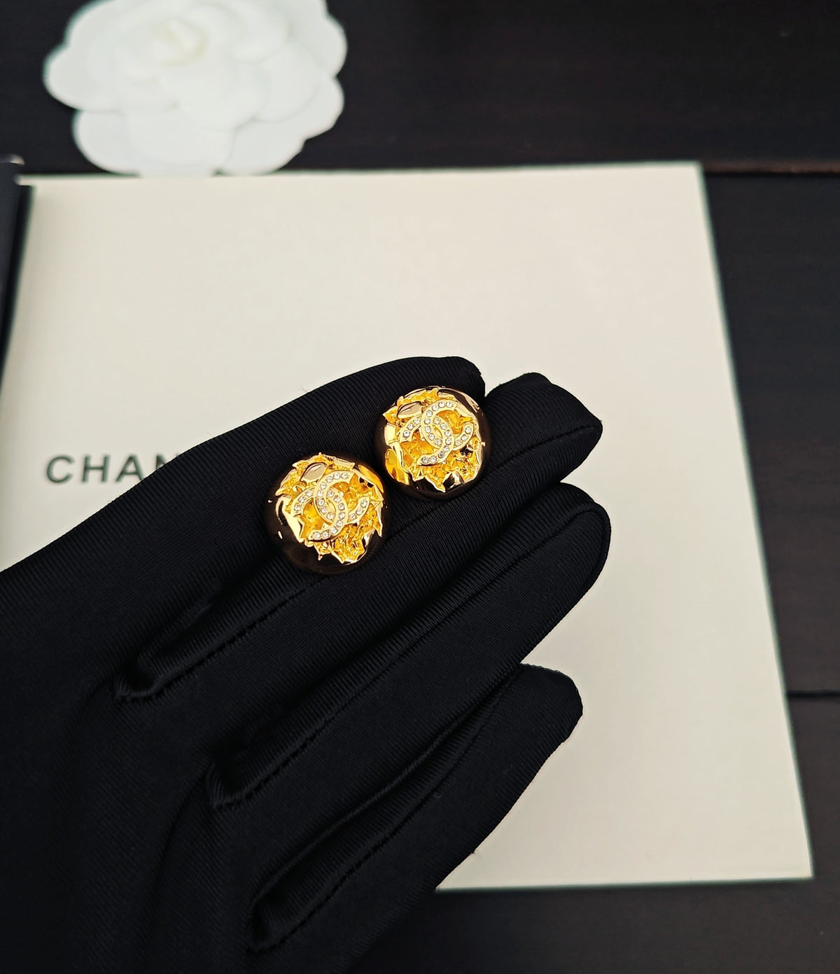 Signature Emblem Stud Earrings in Gold-Tone – Design 031 detail view