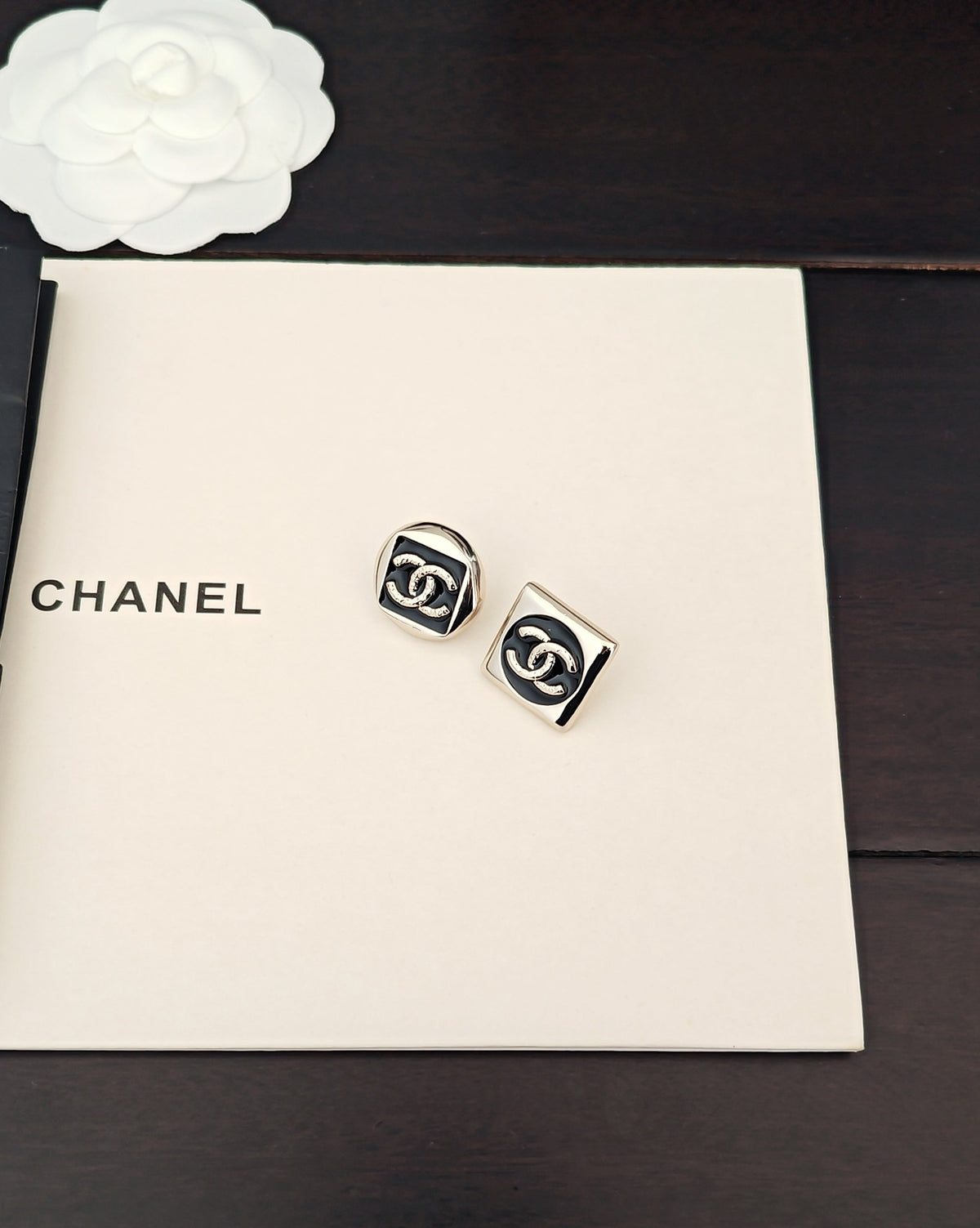 Square Stud Earrings in Gold-Tone – Black Detail styled product view