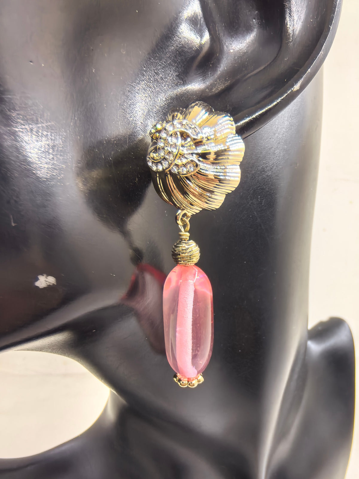 Signature Emblem Statement Earrings in Gold-Tone – Pink Detail front product view