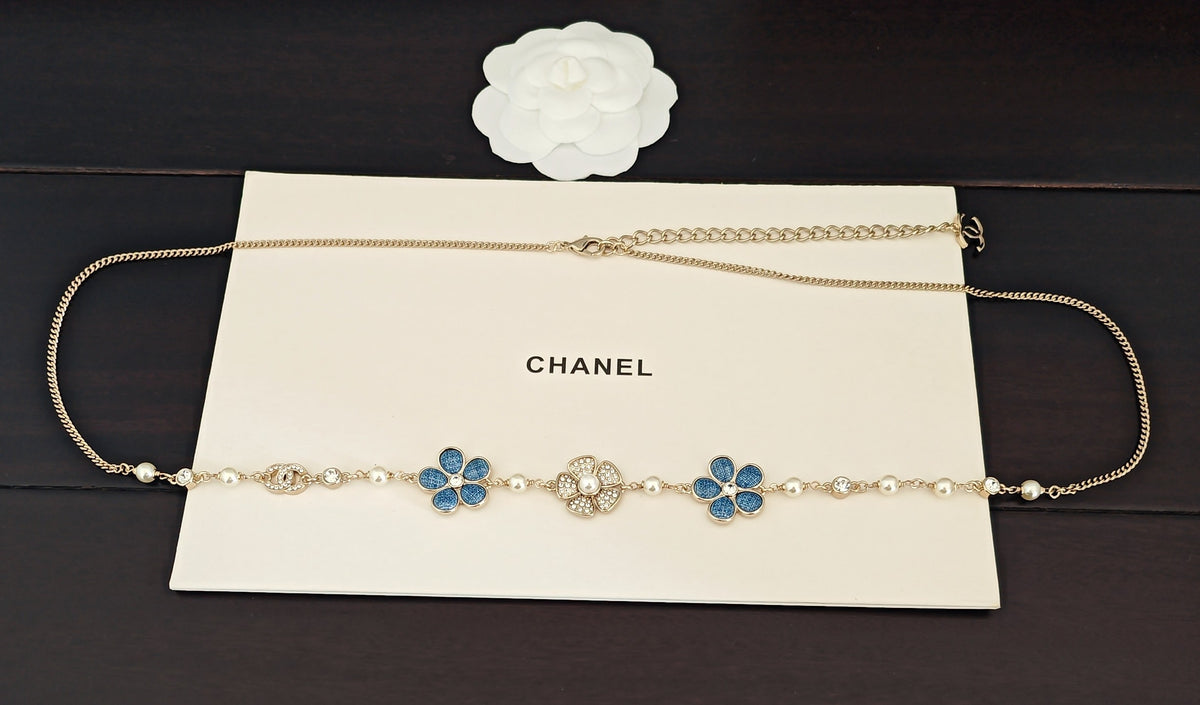 Floral Jewelry Accessory in Gold-Tone – Blue Detail – Design 002 front product view