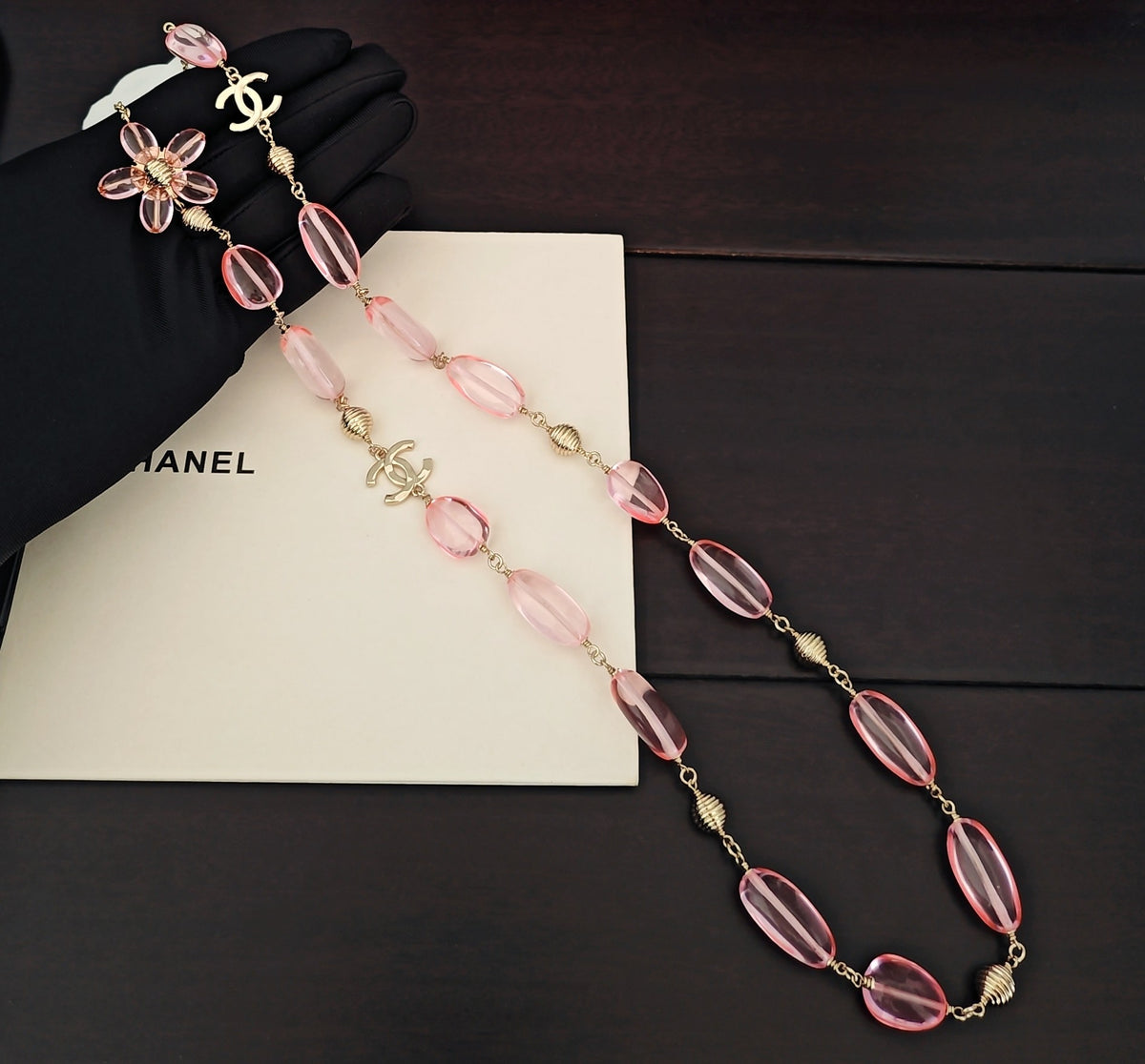 Signature Emblem Pendant Necklace in Gold-Tone – Pink Detail – Design 007 main product view