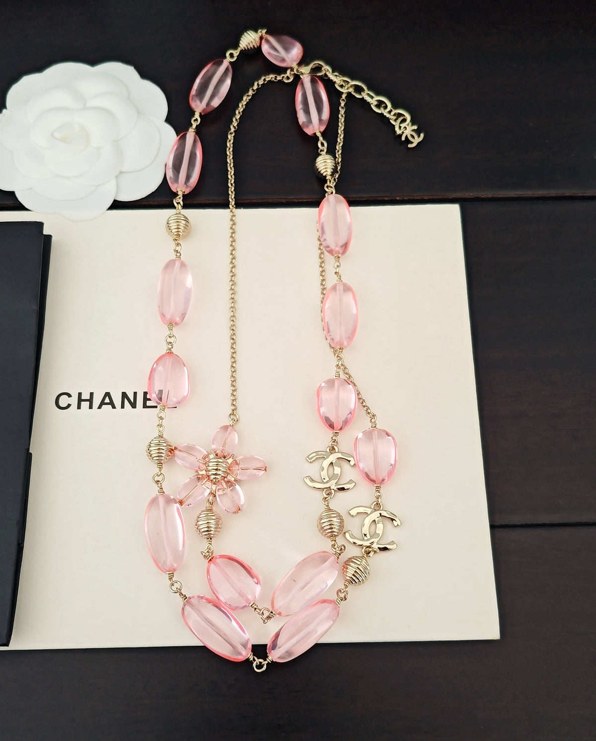 Signature Emblem Pendant Necklace in Gold-Tone – Pink Detail – Design 007 front product view
