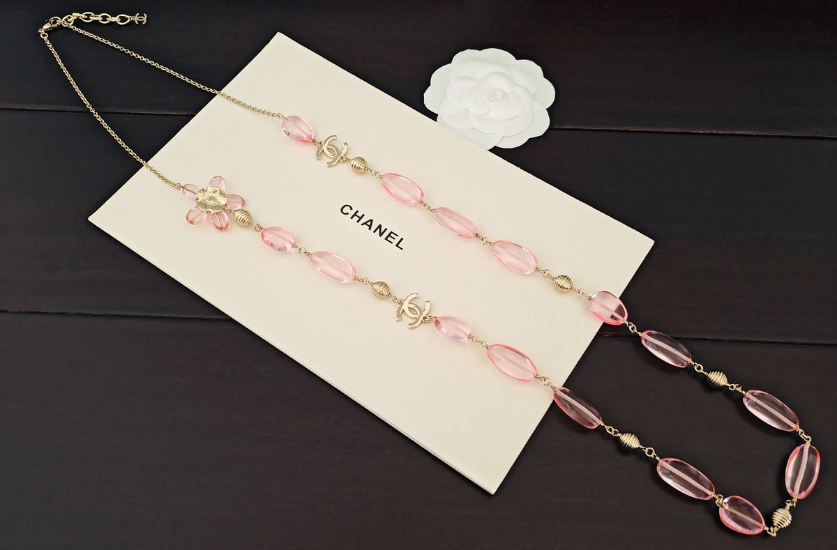 Signature Emblem Pendant Necklace in Gold-Tone – Pink Detail – Design 006 side detail