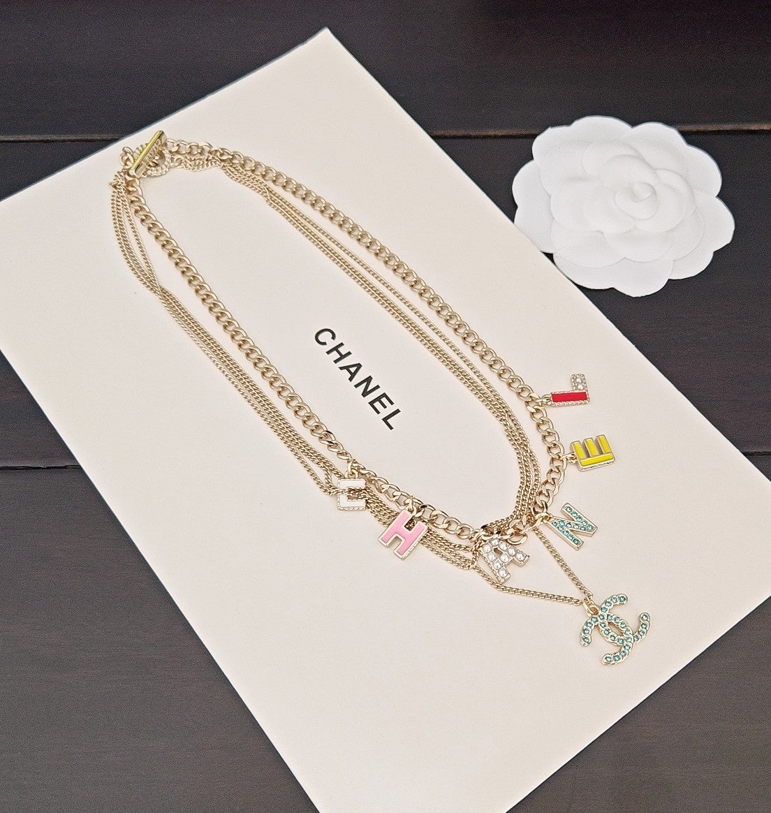 Letter Pendant Necklace in Gold-Tone – Blue Detail – Design 003 side detail