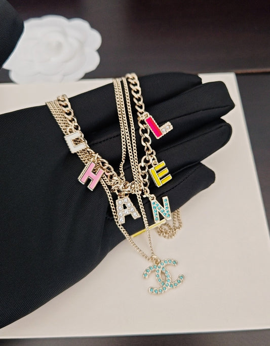 Letter Pendant Necklace in Gold-Tone – Blue Detail – Design 002 main product view