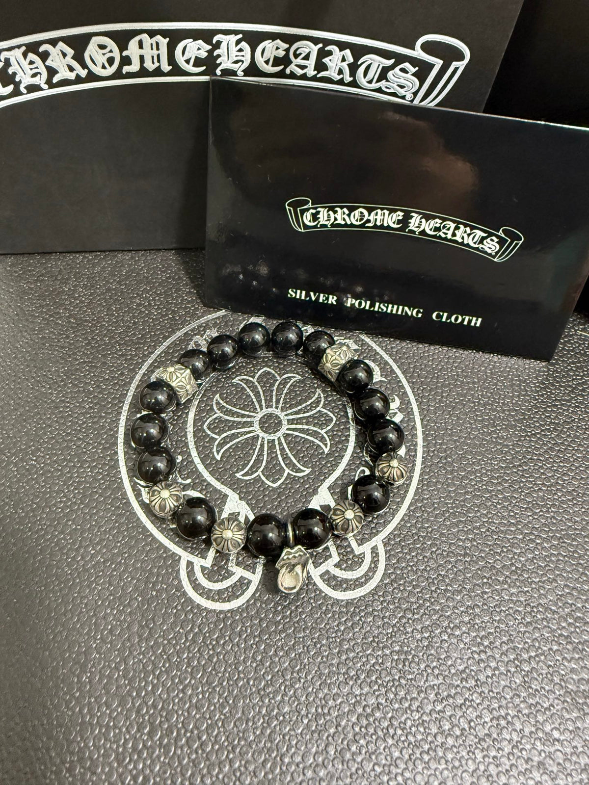 Gothic Emblem Beaded Bracelet in Antique Silver-Tone – Design 26 front product view