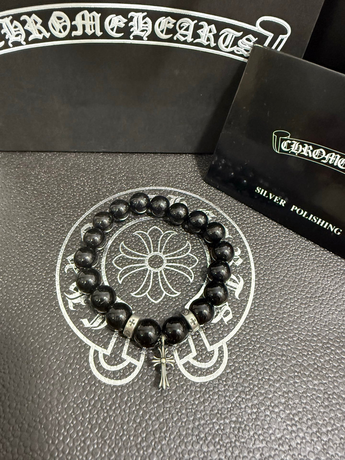 Gothic Emblem Beaded Bracelet in Antique Silver-Tone – Design 35 side detail
