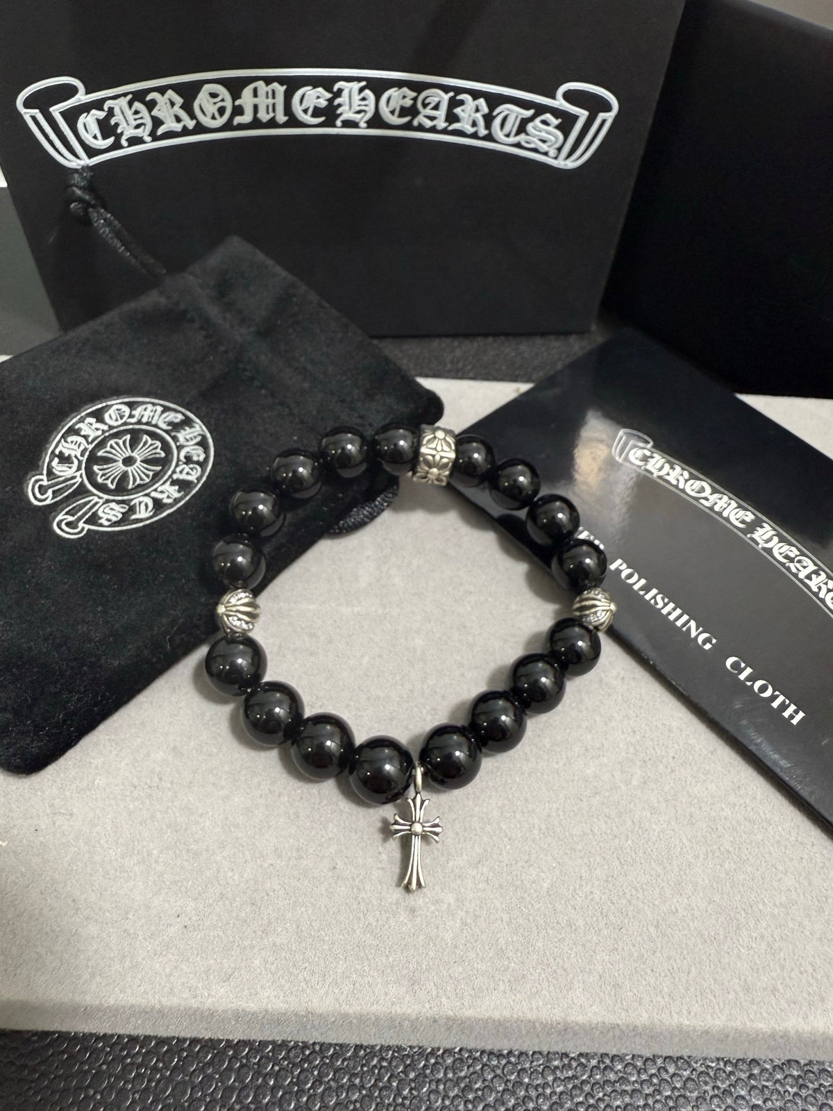 Gothic Emblem Beaded Bracelet in Antique Silver-Tone – Design 27 main product view