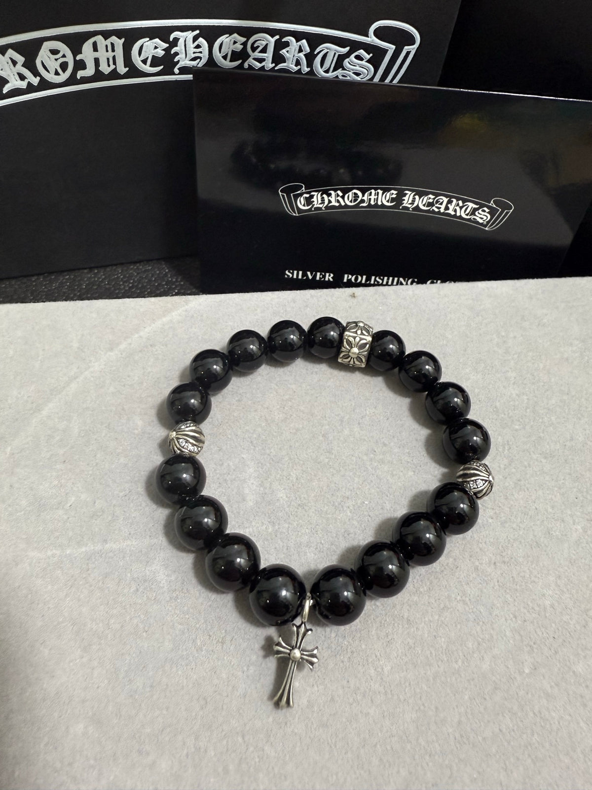 Gothic Emblem Beaded Bracelet in Antique Silver-Tone – Design 27 front product view