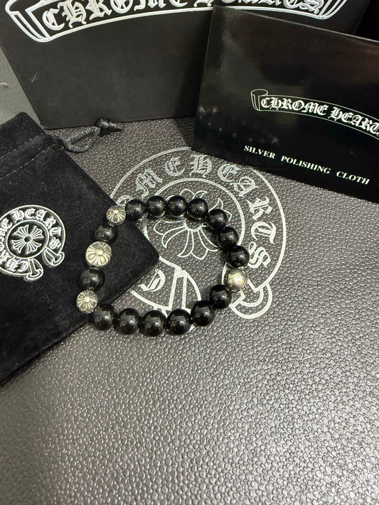 Gothic Emblem Beaded Bracelet in Antique Silver-Tone – Design 28 main product view