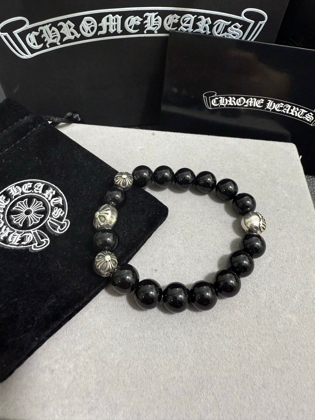 Gothic Emblem Beaded Bracelet in Antique Silver-Tone – Design 28 detail view