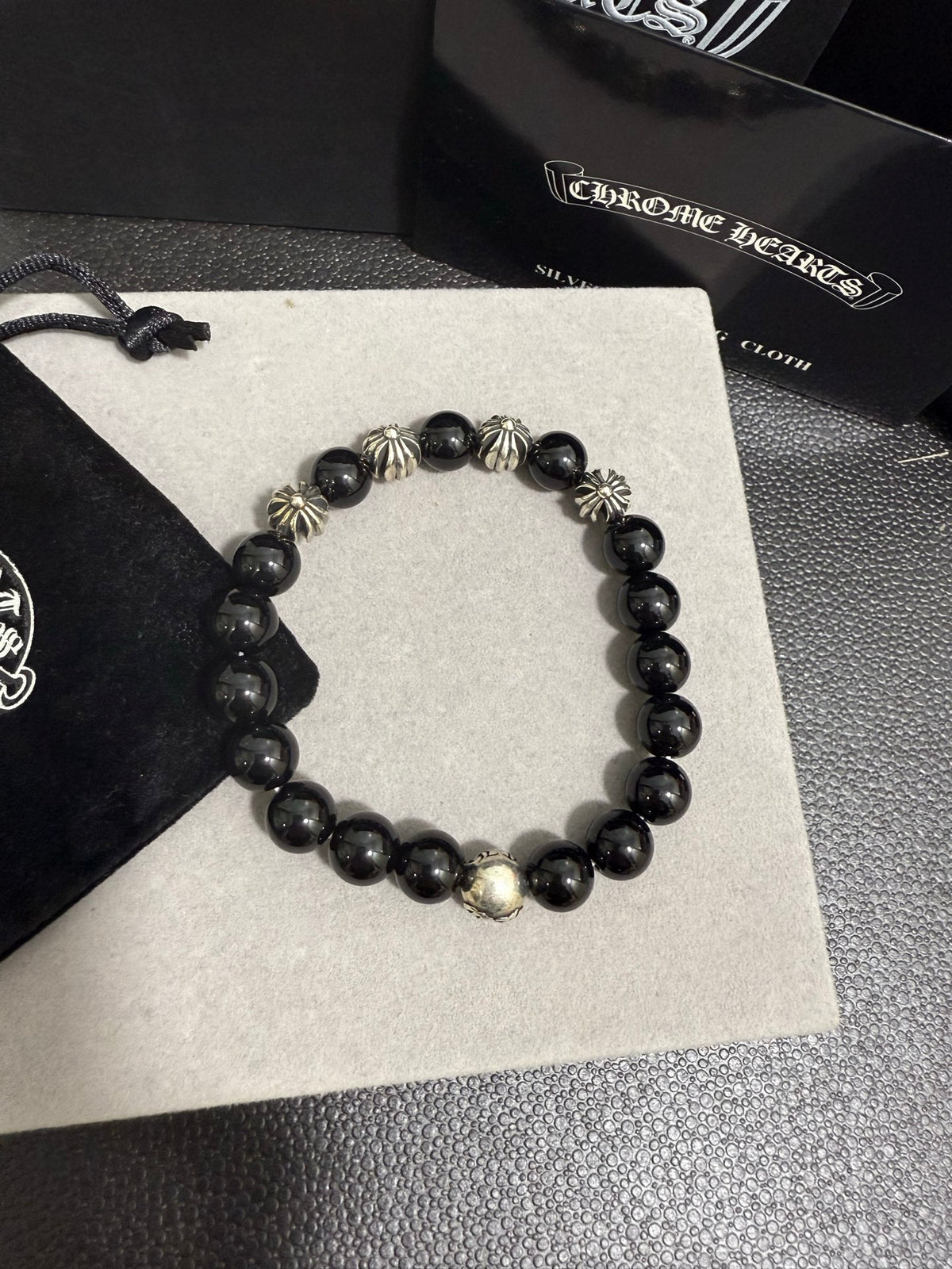 Gothic Emblem Beaded Bracelet in Antique Silver-Tone – Design 29 styled product view
