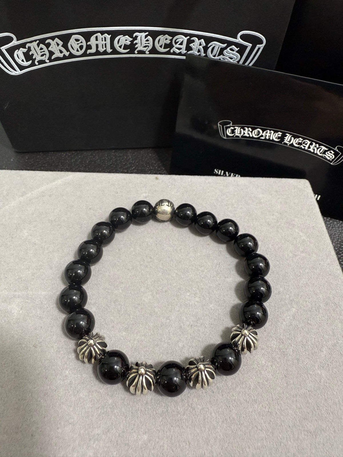 Gothic Emblem Beaded Bracelet in Antique Silver-Tone – Design 29 side detail