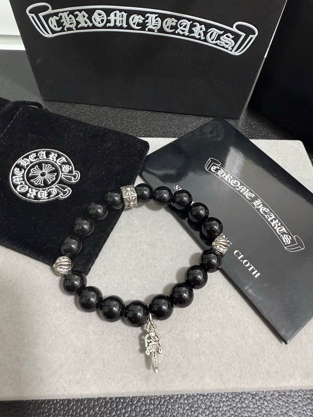 Gothic Emblem Beaded Bracelet in Antique Silver-Tone – Design 30 detail view