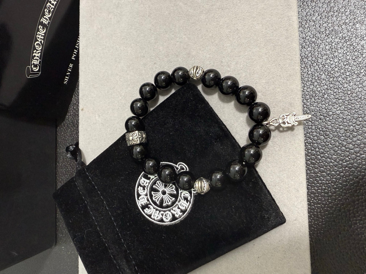 Gothic Emblem Beaded Bracelet in Antique Silver-Tone – Design 30 main product view