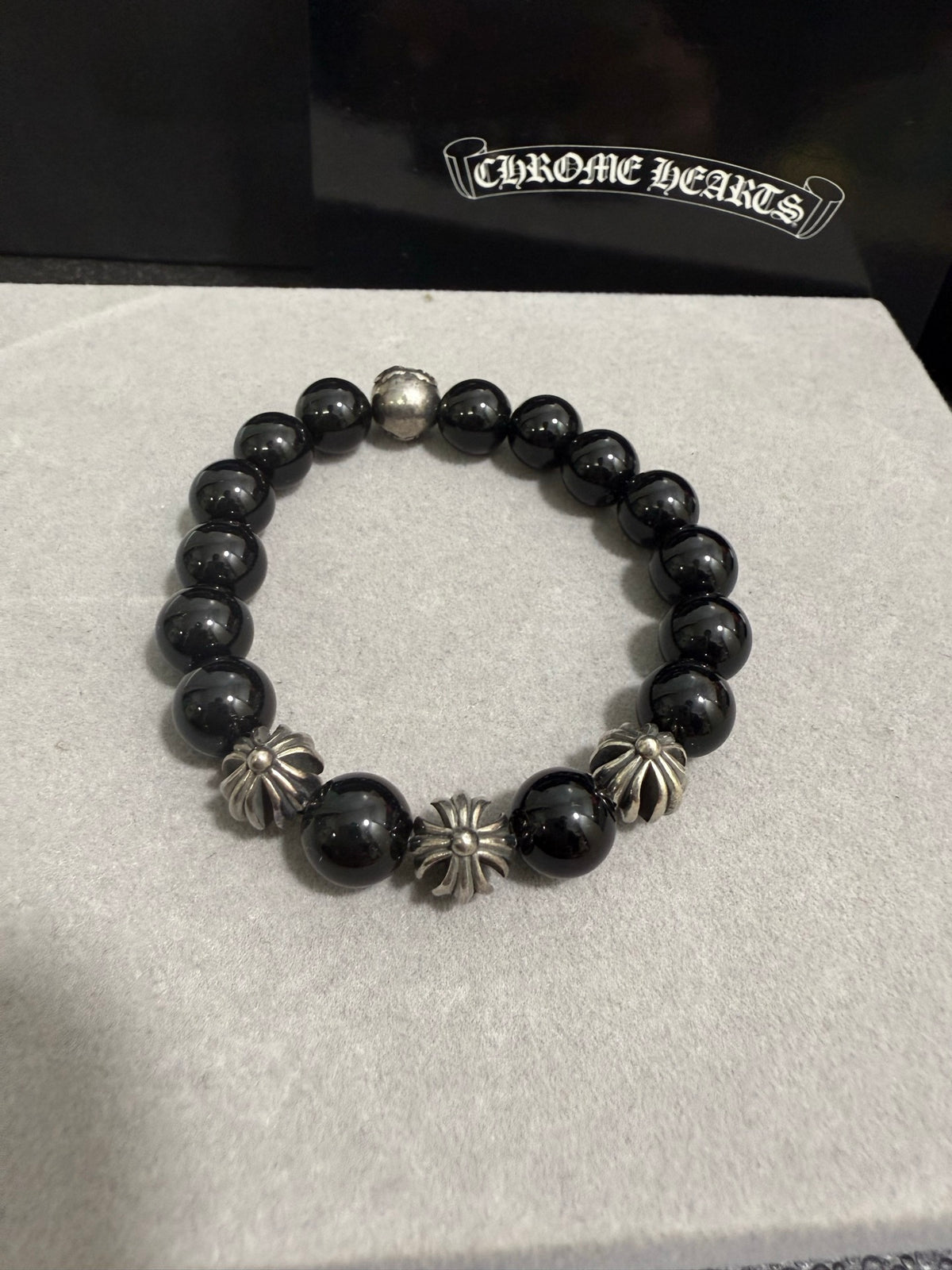 Gothic Emblem Beaded Bracelet in Antique Silver-Tone – Design 31 front product view