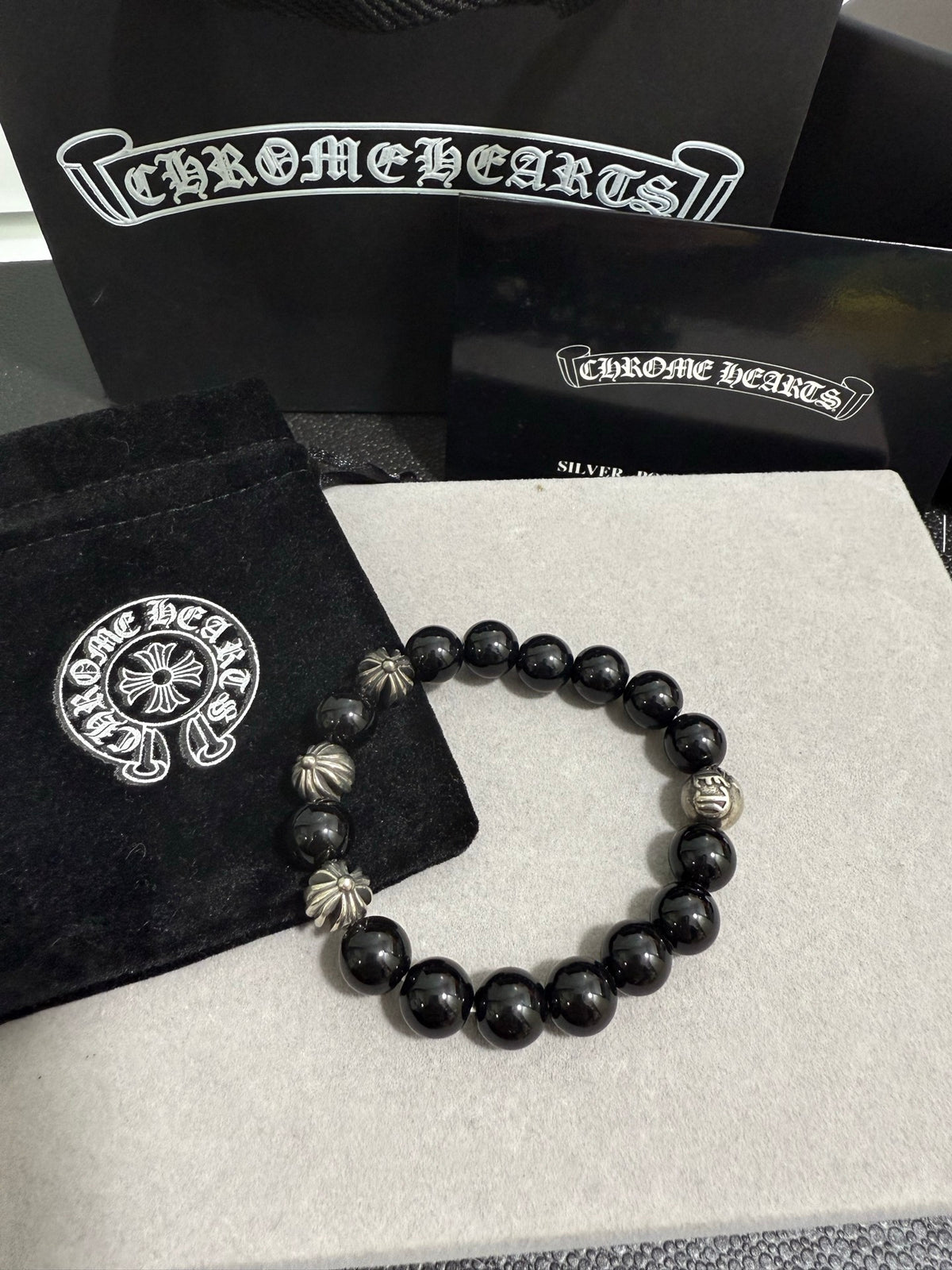 Gothic Emblem Beaded Bracelet in Antique Silver-Tone – Design 31 main product view