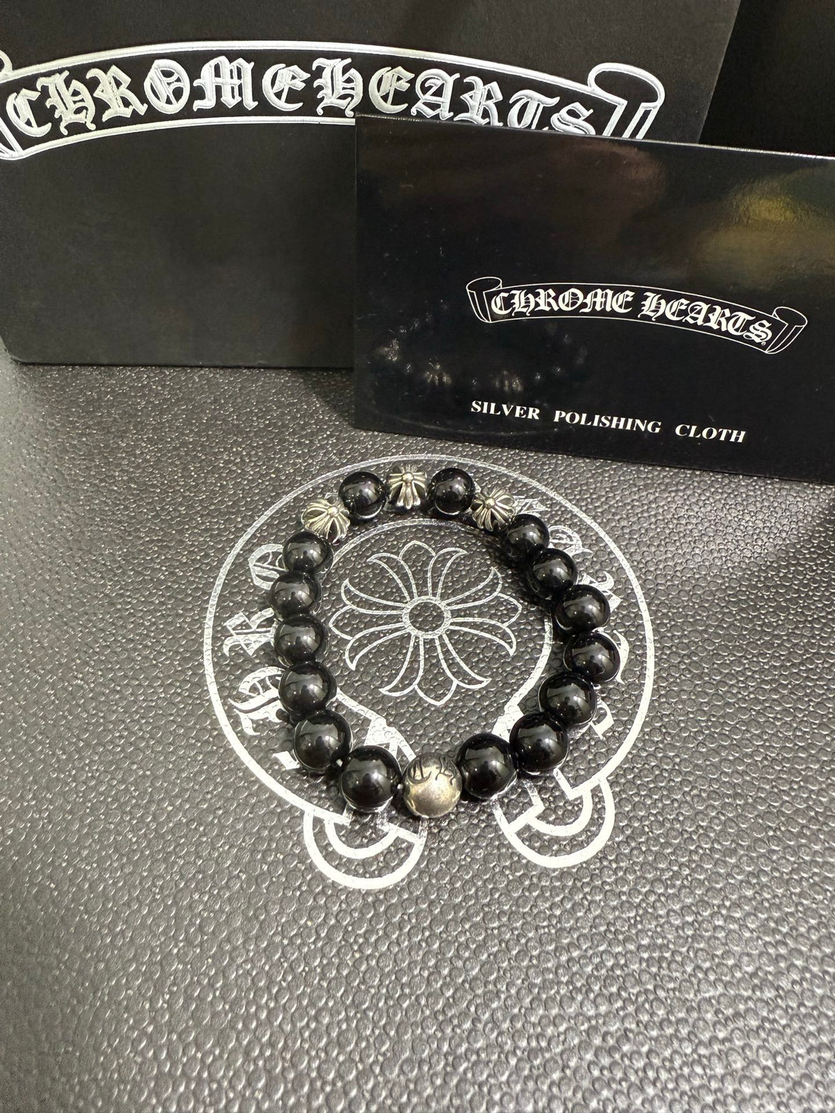 Gothic Emblem Beaded Bracelet in Antique Silver-Tone – Design 31 detail view