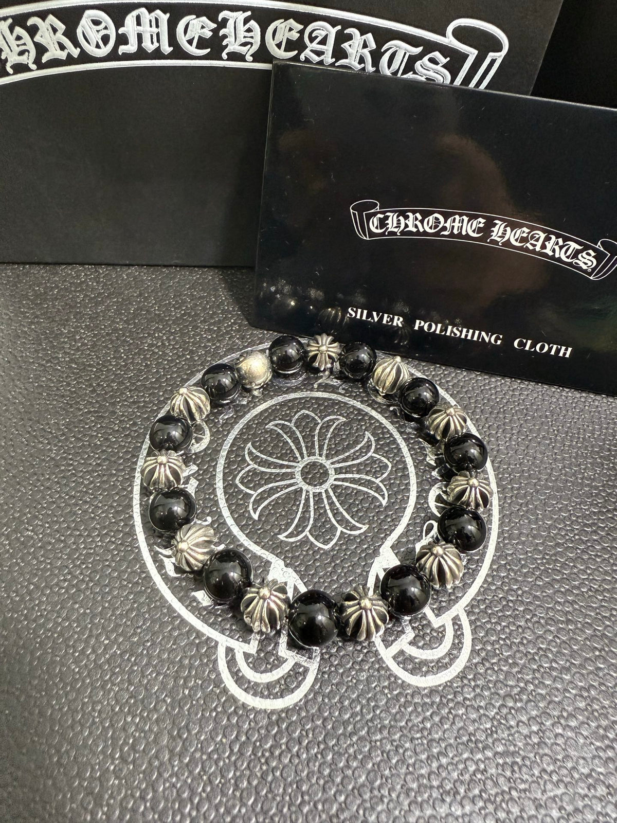 Gothic Emblem Beaded Bracelet in Antique Silver-Tone – Design 32 front product view