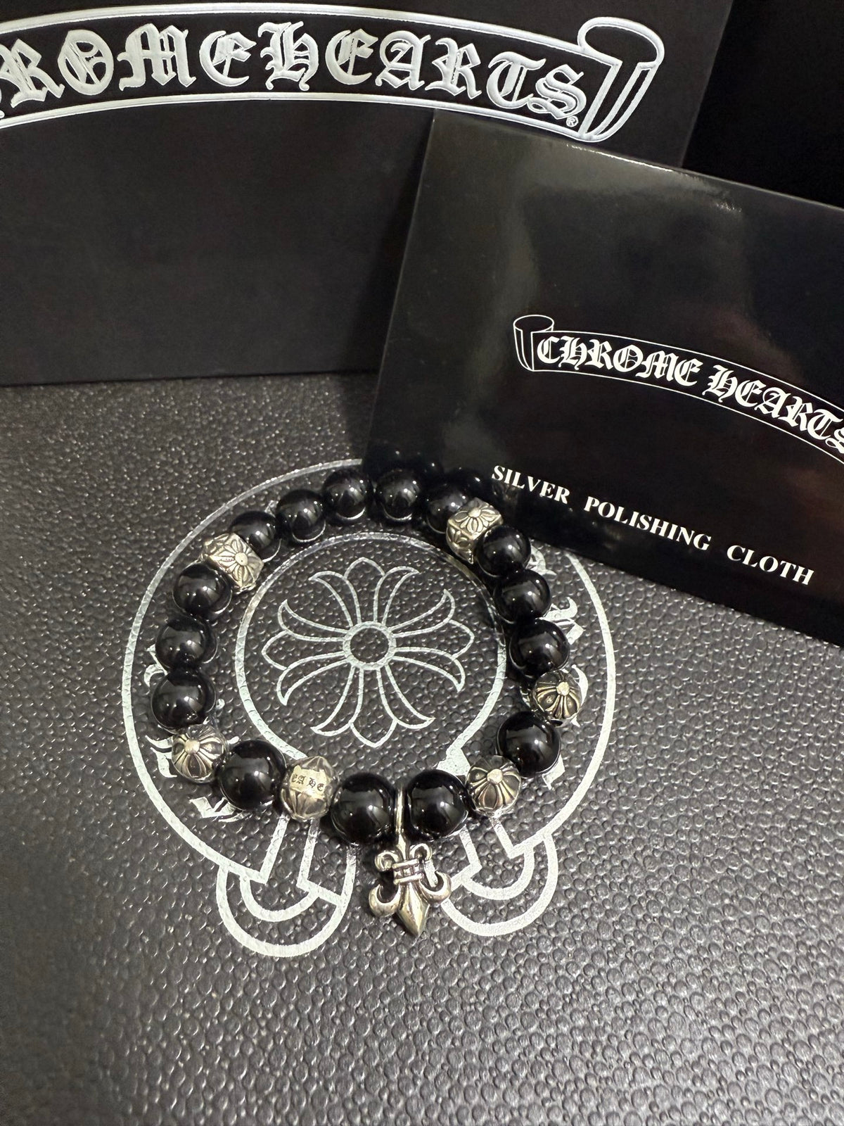 Gothic Emblem Beaded Bracelet in Antique Silver-Tone – Design 33 front product view