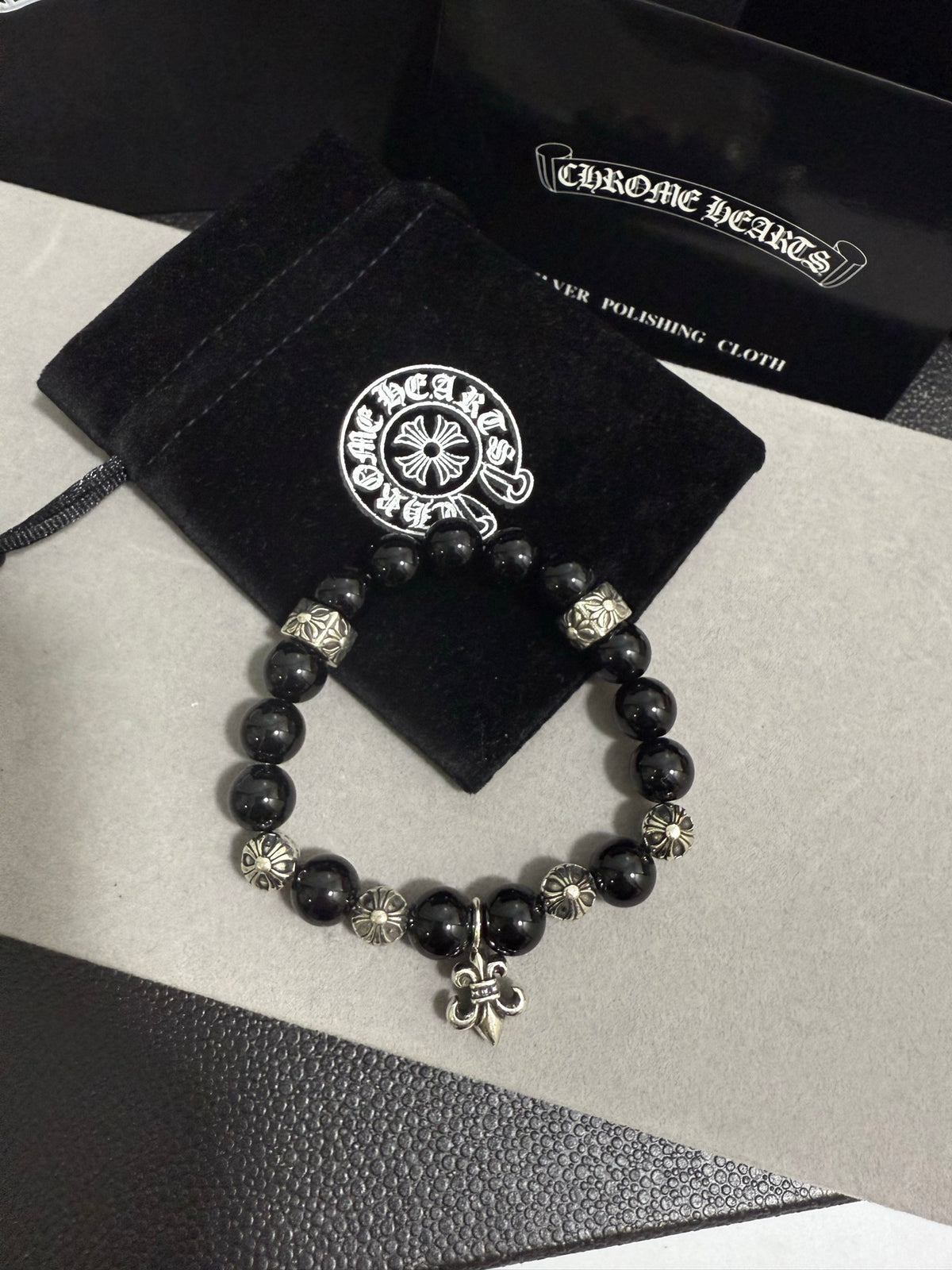 Gothic Emblem Beaded Bracelet in Antique Silver-Tone – Design 33 detail view