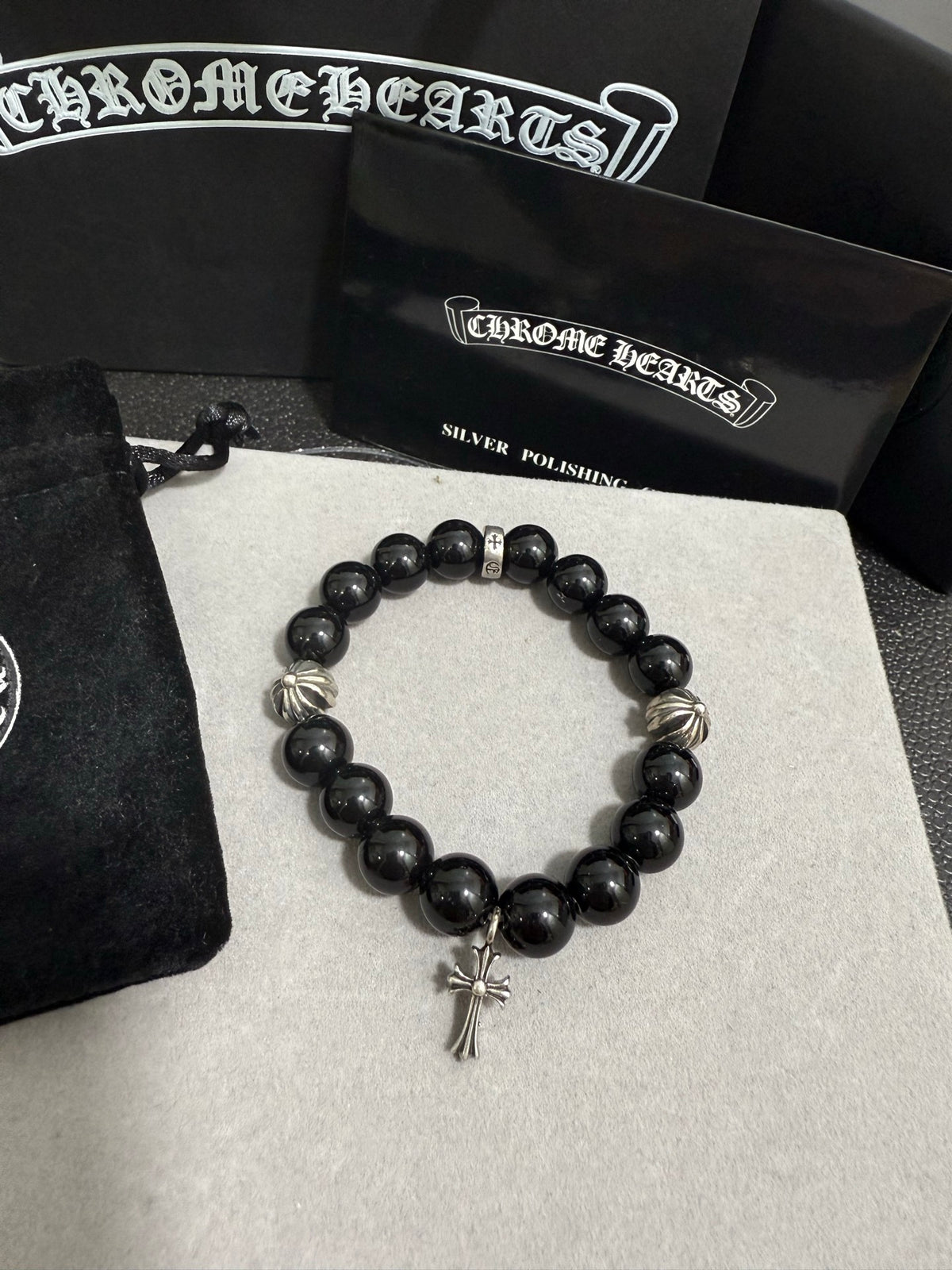 Gothic Emblem Beaded Bracelet in Antique Silver-Tone – Design 34 styled product view