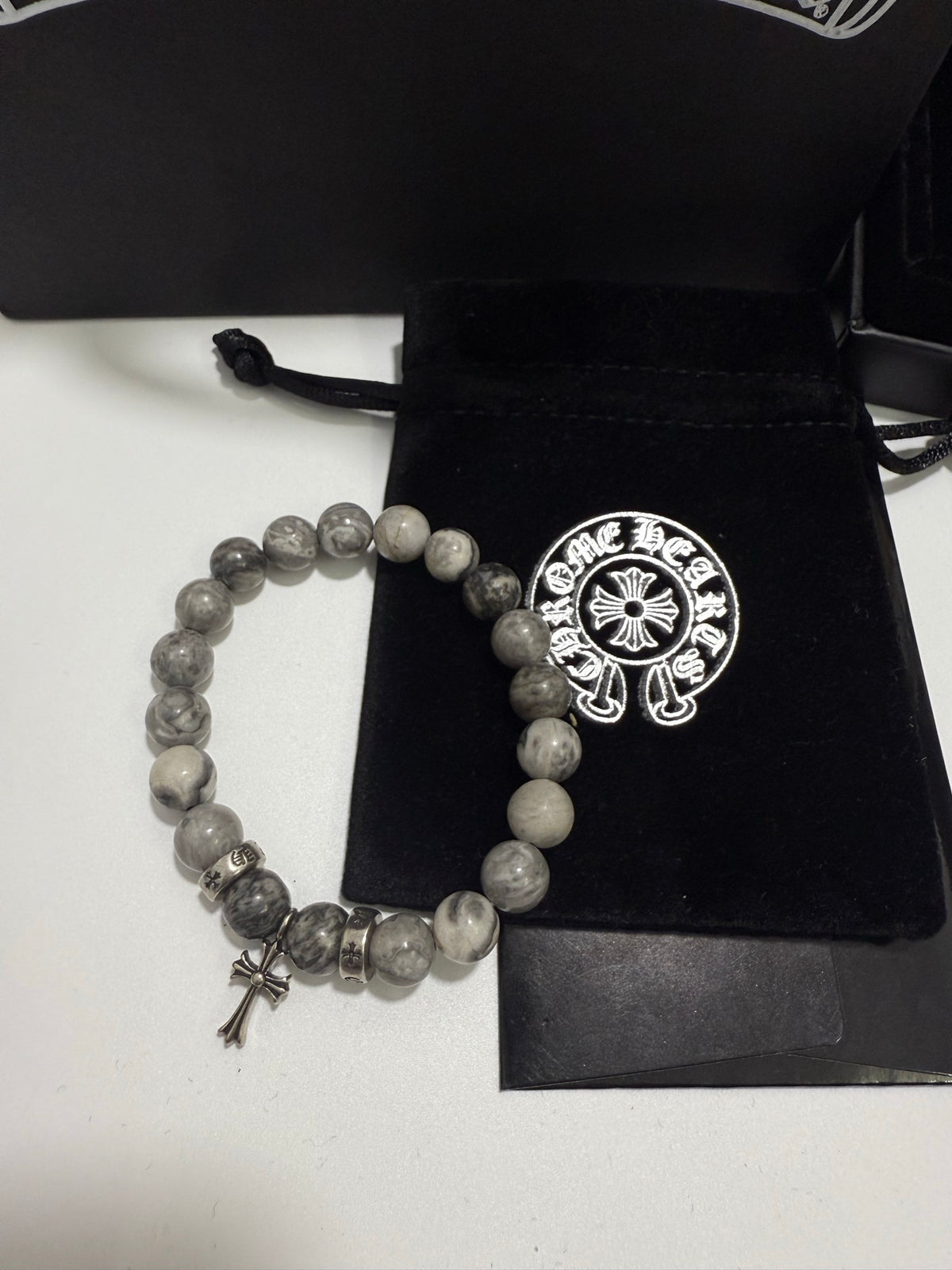 Gothic Emblem Beaded Bracelet in Antique Silver-Tone – Design 36 close-up detail