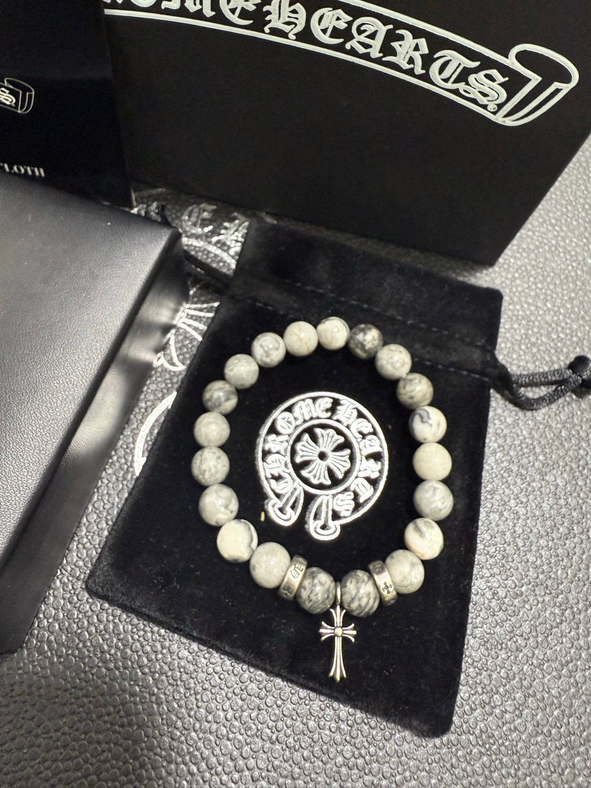 Gothic Emblem Beaded Bracelet in Antique Silver-Tone – Design 36 detail view