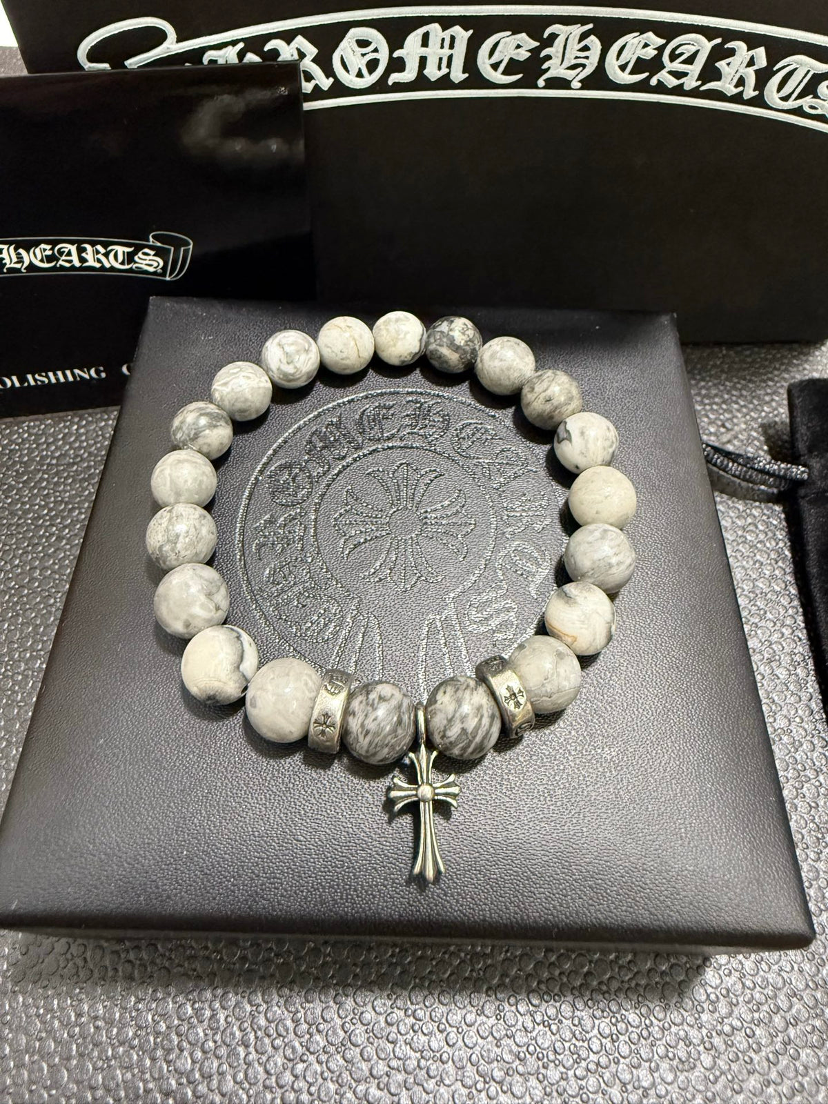Gothic Emblem Beaded Bracelet in Antique Silver-Tone – Design 36 front product view