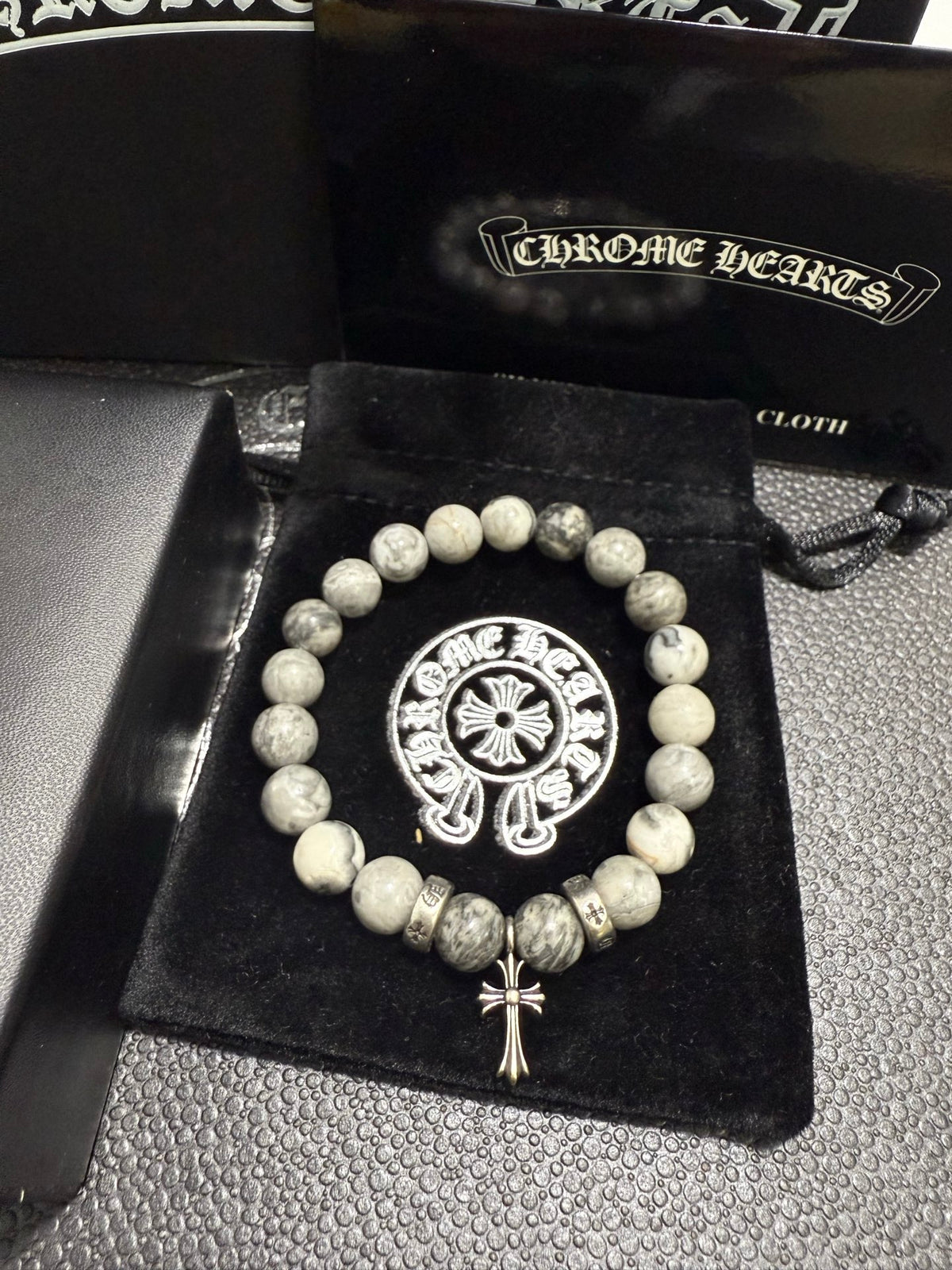 Gothic Emblem Beaded Bracelet in Antique Silver-Tone – Design 36 side detail