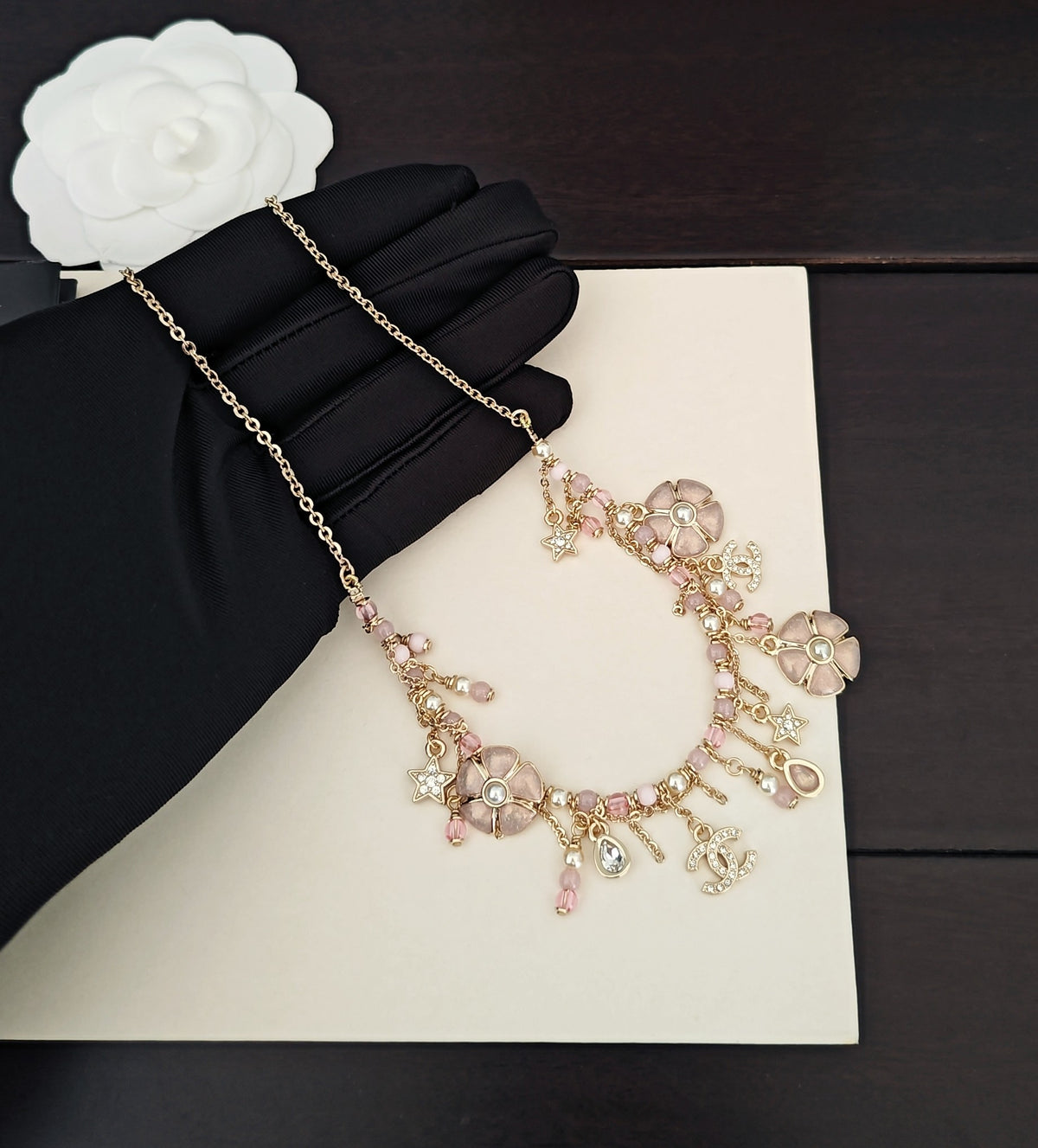 Signature Emblem Pendant Necklace in Gold-Tone – Pink Detail – Design 003 detail view