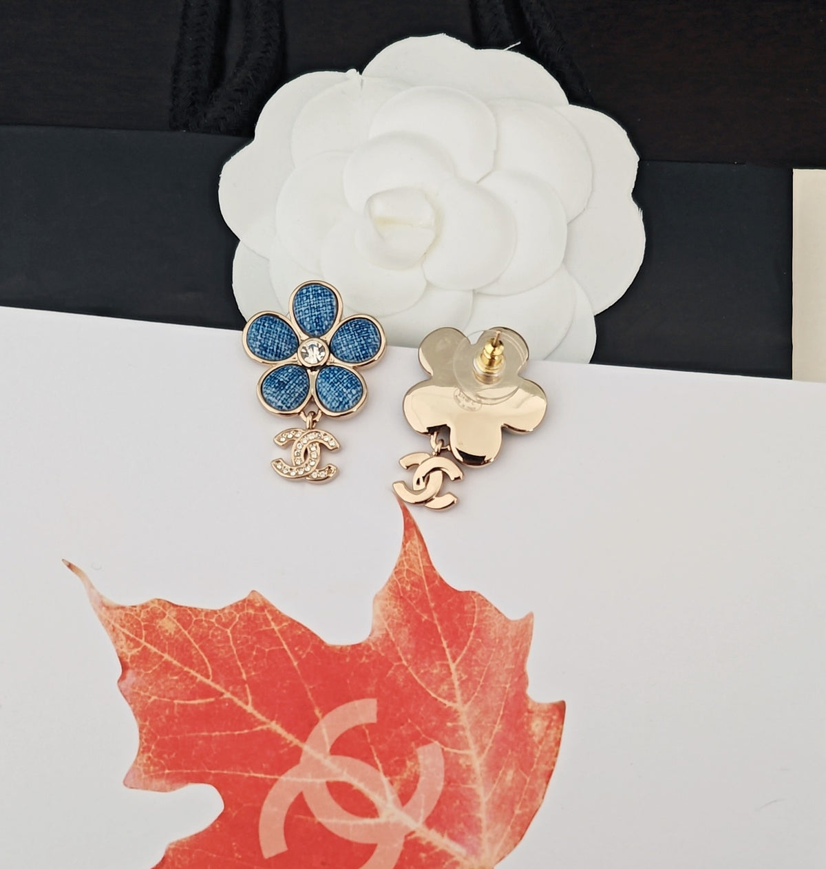 Floral Statement Earrings in Gold-Tone – Blue Detail side detail