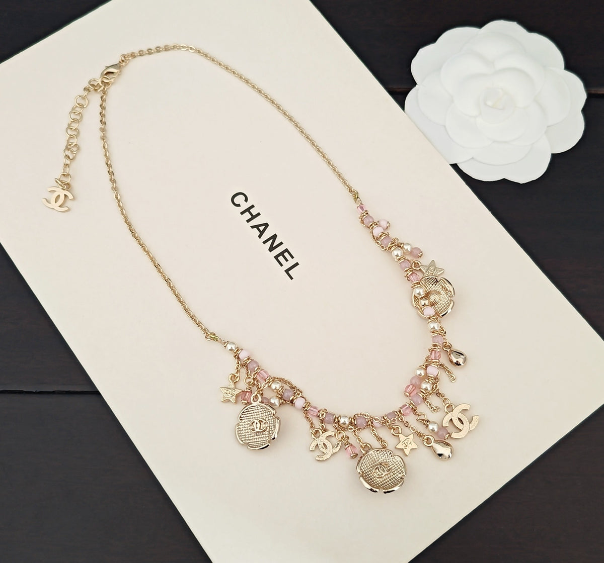 Signature Emblem Pendant Necklace in Gold-Tone – Pink Detail – Design 002 side detail