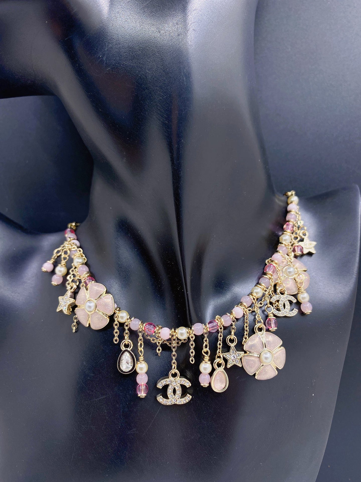 Signature Emblem Pendant Necklace in Gold-Tone – Pink Detail front product view