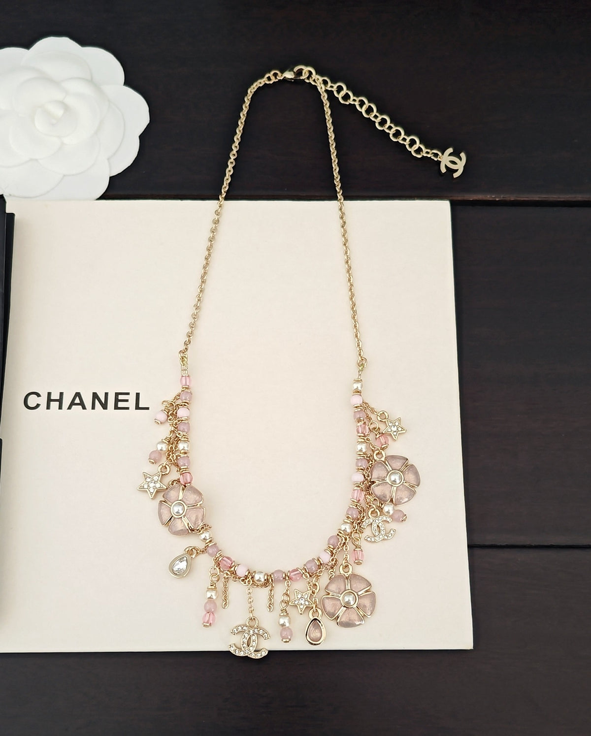 Signature Emblem Pendant Necklace in Gold-Tone – Pink Detail close-up detail