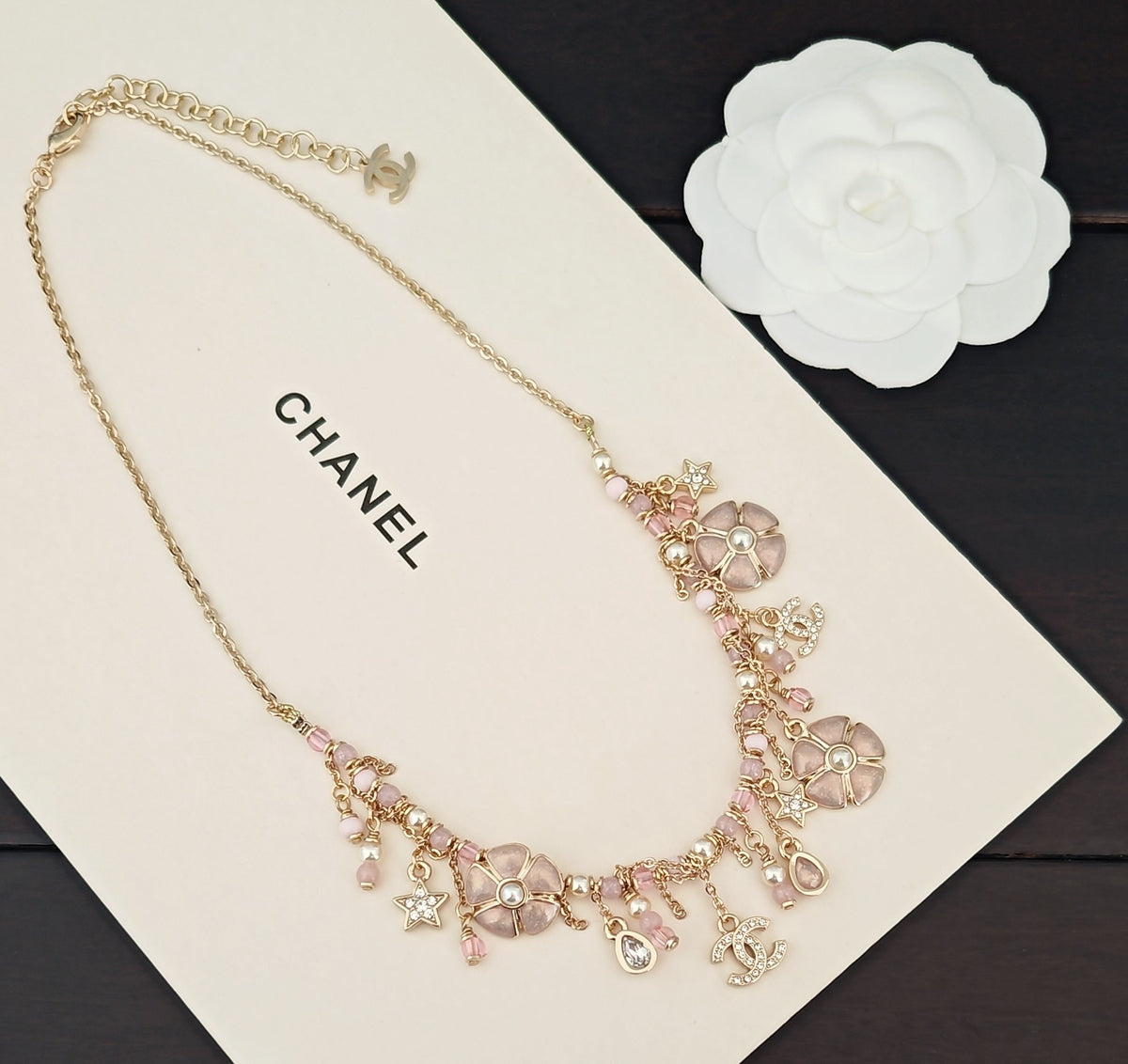 Signature Emblem Pendant Necklace in Gold-Tone – Pink Detail – Design 002 styled product view