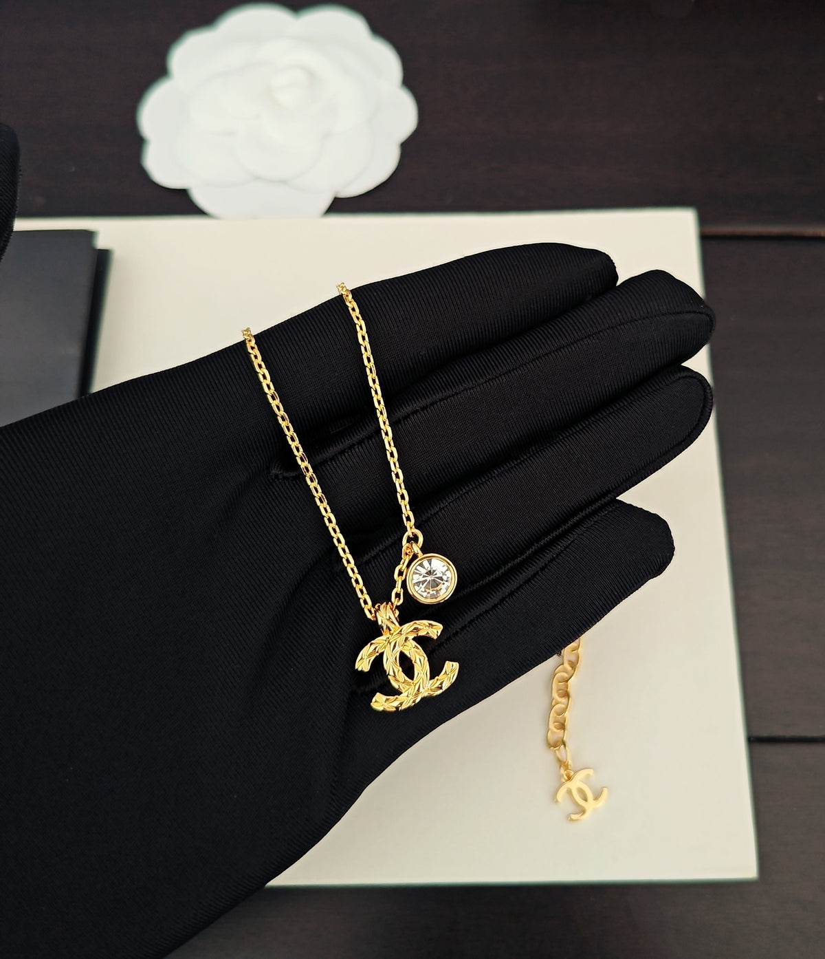 Signature Emblem Crystal-Accent Pendant Necklace – White Detail main product view