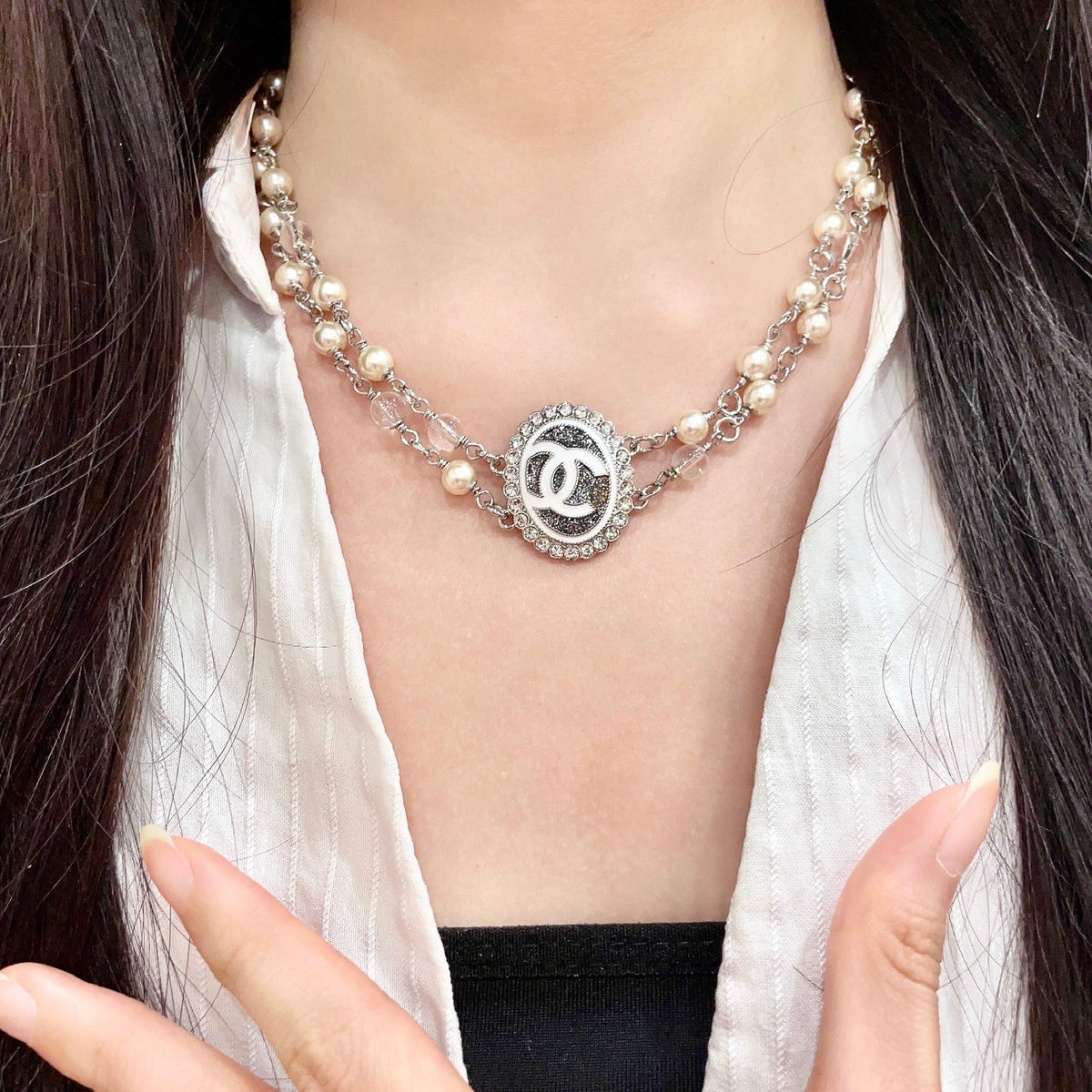 Double-C Emblem Pearl-Detail Pendant Necklace – Pearl Detail – Design 067 front product view