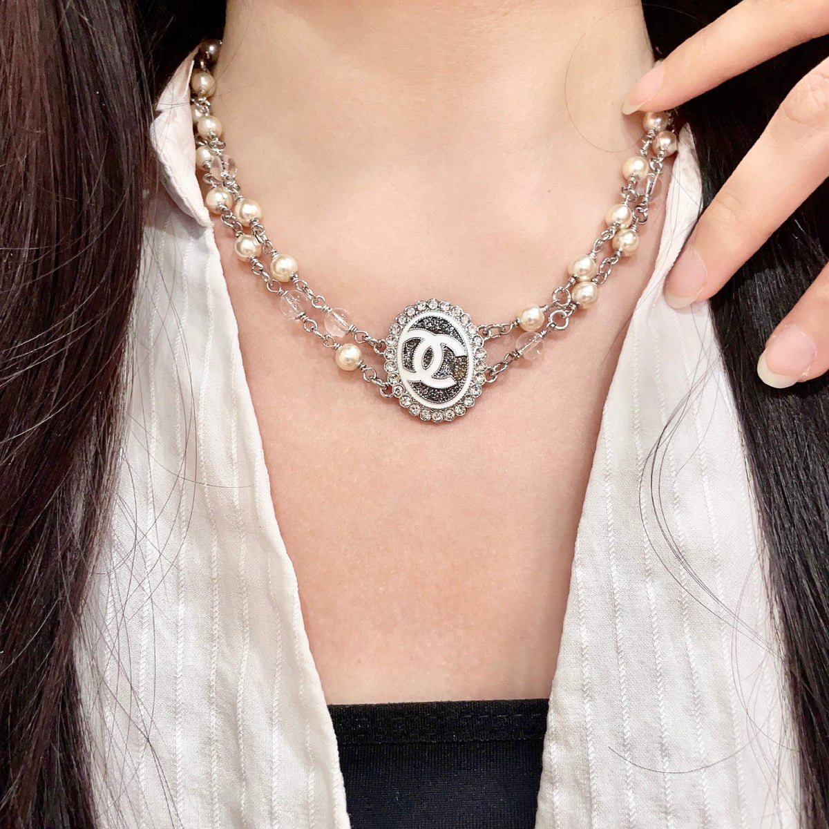 Double-C Emblem Pearl-Detail Pendant Necklace – Pearl Detail – Design 067 main product view