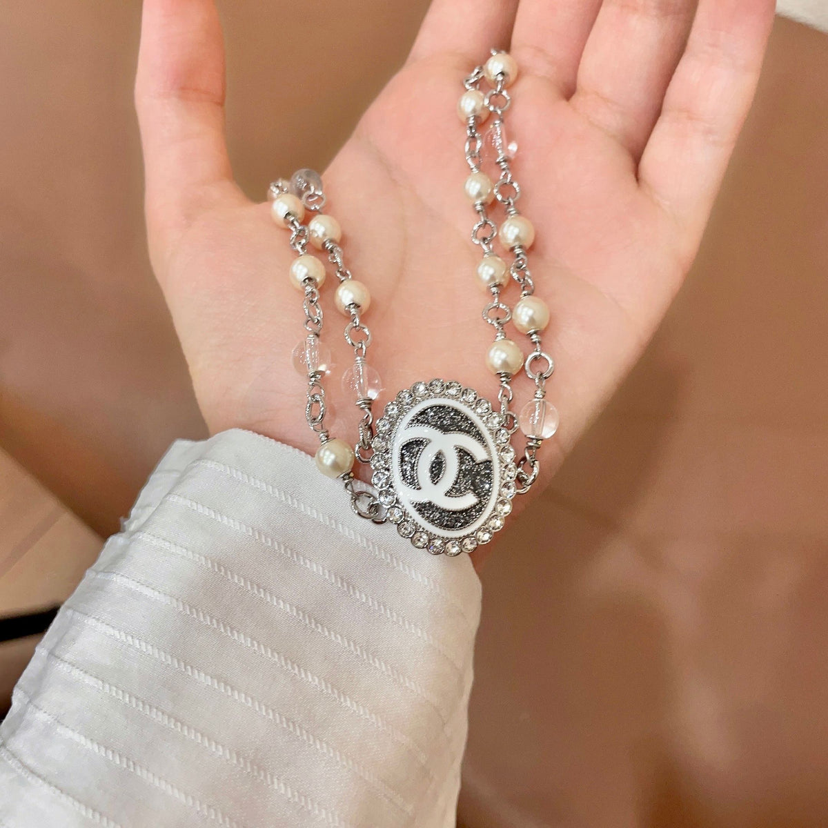 Double-C Emblem Pearl-Detail Pendant Necklace – Pearl Detail – Design 095 side detail