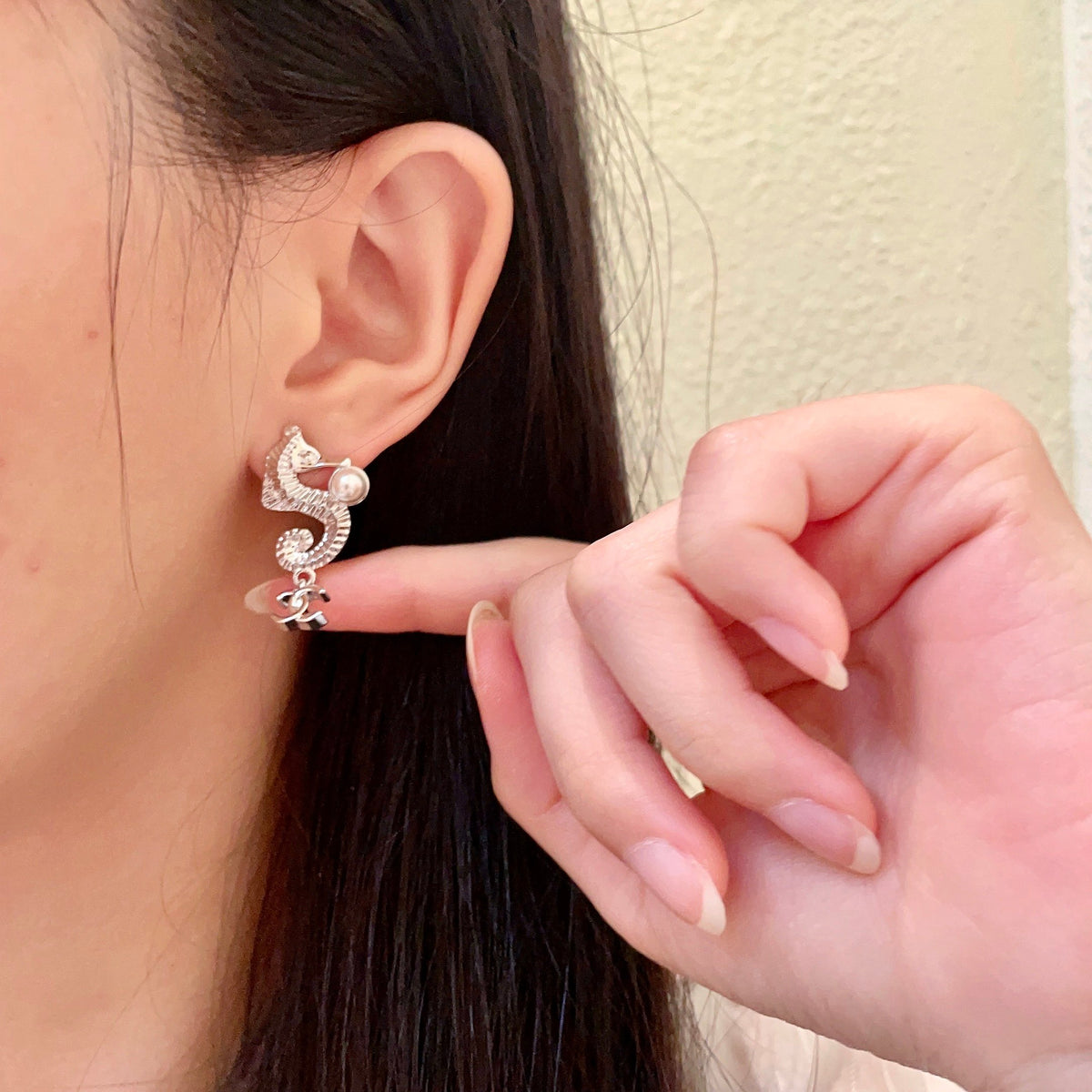 Double-C Emblem Pearl-Detail Statement Earrings – Pearl Detail – Design 016 front product view