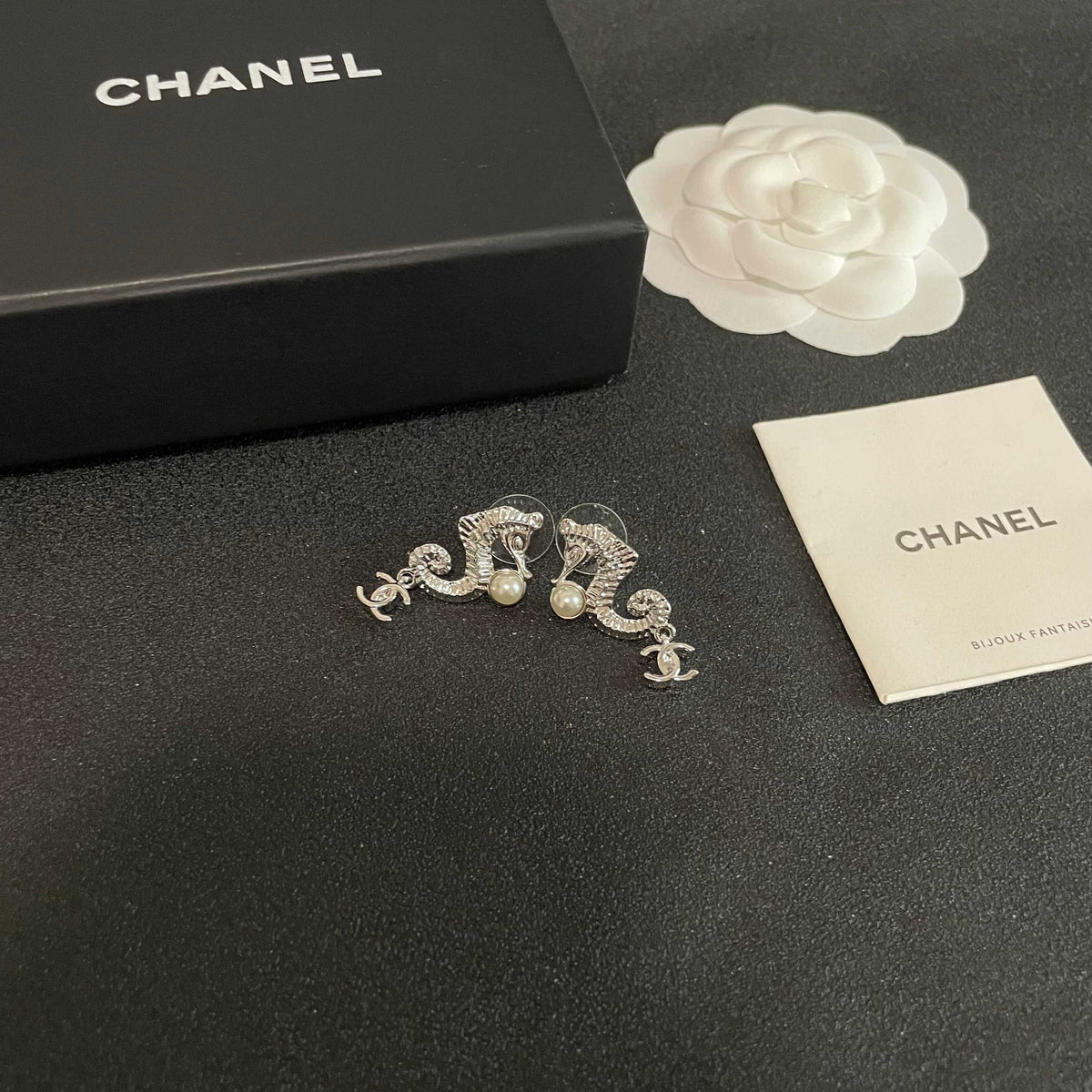 Double-C Emblem Pearl-Detail Statement Earrings – Pearl Detail – Design 016 styled product view